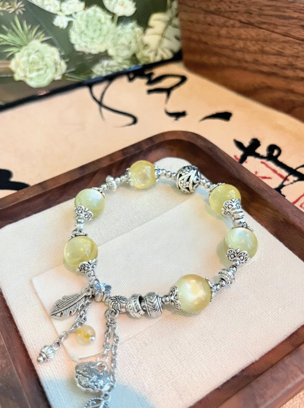 Close-Up of Golden Lepidolite Bracelet, Earth-Metal Stability Manifestation