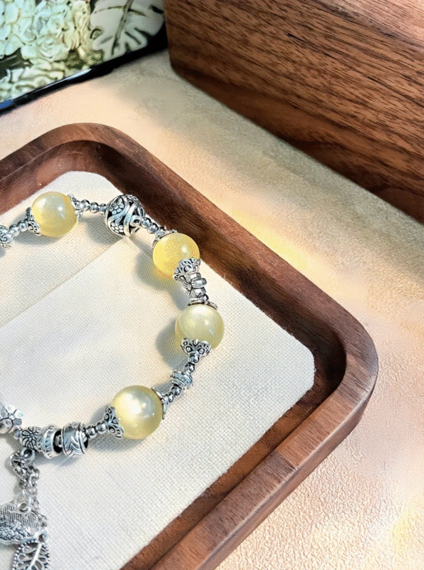 Golden Lepidolite Bracelet Display, Earth-Metal Stability Totem