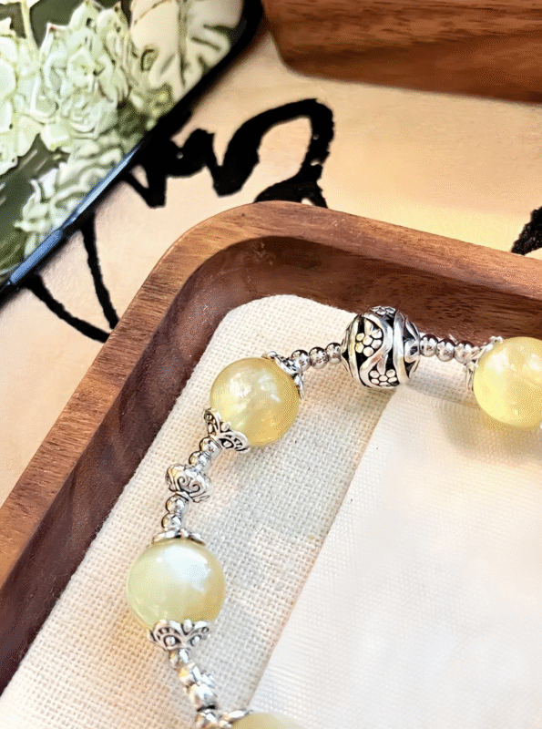 Close-Up of Golden Lepidolite Bracelet, Earth-Metal Symbiosis Manifestation Engine