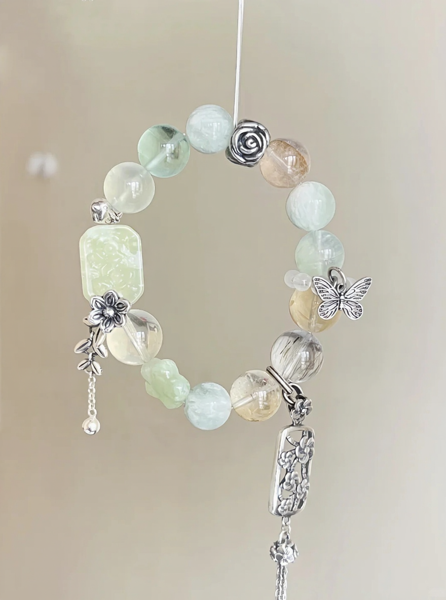 Close-Up of Xiu Jade Multi-Gem Bracelet, Earth-Water-Wood-Metal-Fire Energy Weaves Nature Awakening Field