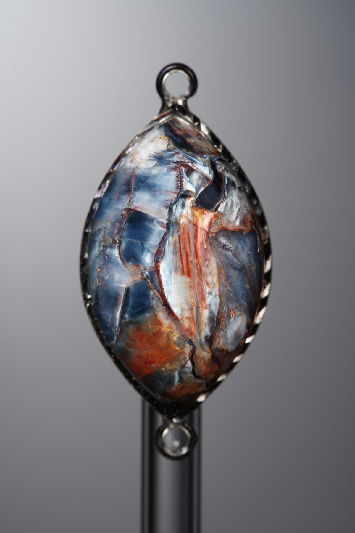 Pietersite-Brown&Blue-Marquise Plaque w/ Double Ear Silver Frame-33mm - Image 1