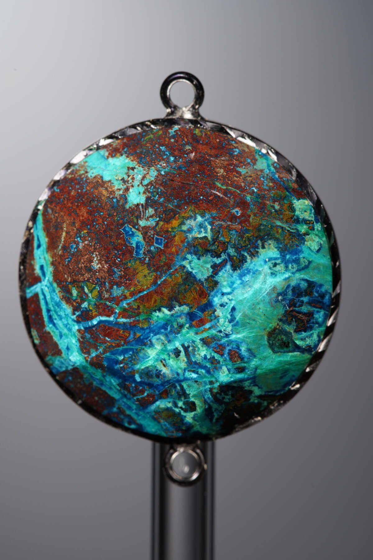 Phoenix Stone-Blue&Green-Hexagon Plaque w/ Double Ear Silver Frame-25mm - Image 1