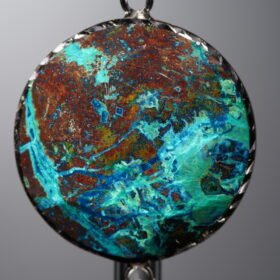 Phoenix Stone-Blue&Green-Hexagon Plaque w/ Double Ear Silver Frame-25mm