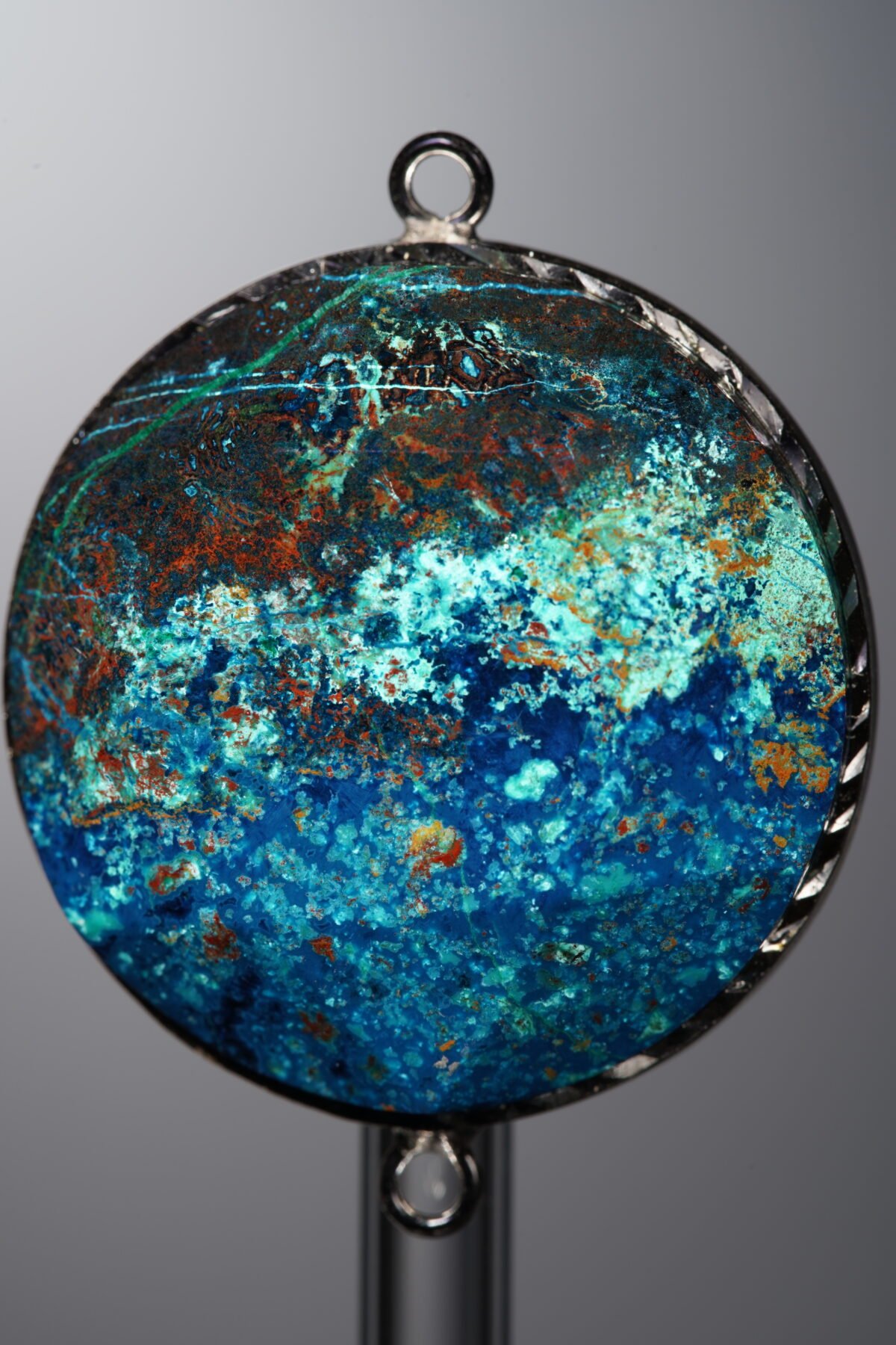 Phoenix Stone-Blue&Green-Hexagon Plaque w/ Double Ear Silver Frame-28mm - Image 1
