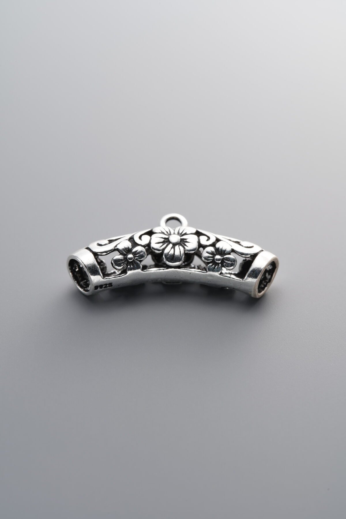 925 Sterling Silver-Antiqued-Plum Blossom Curved Tube Pendant-26mm - Image 1
