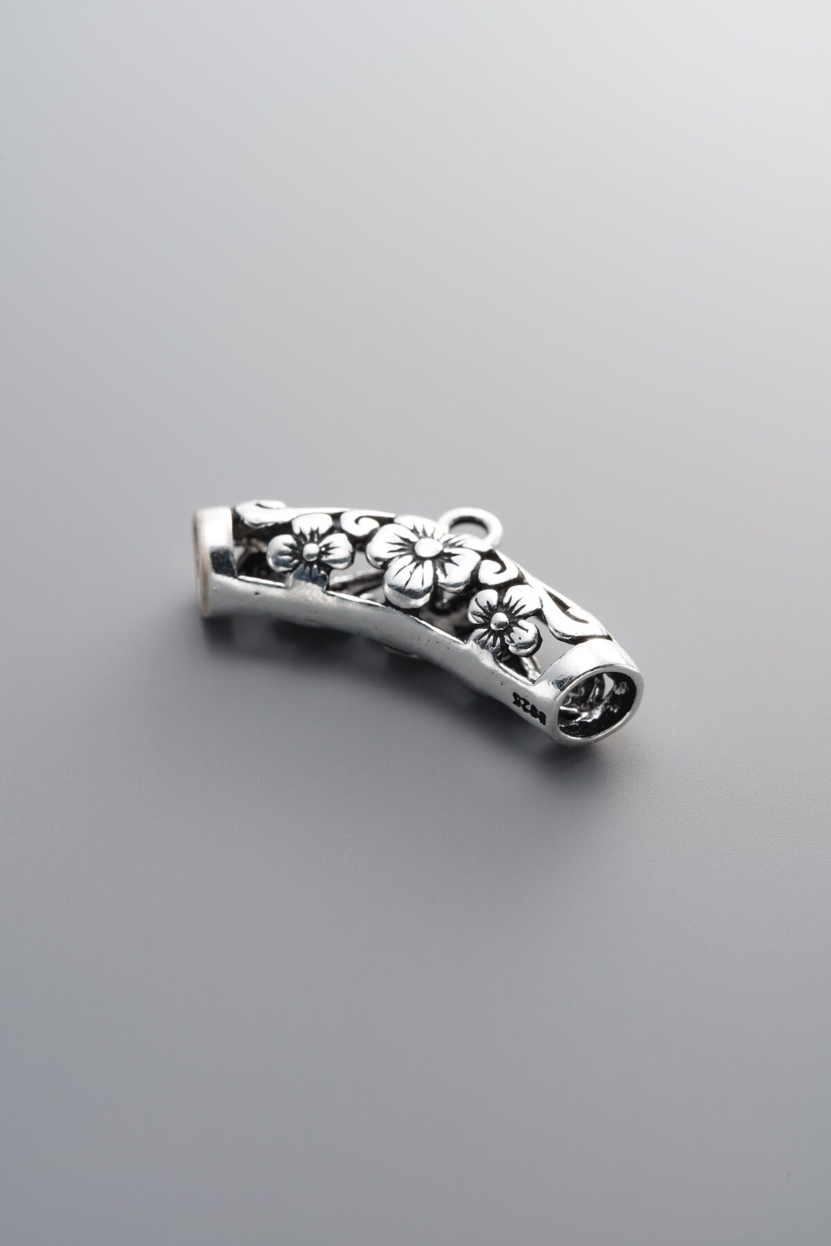 925 Sterling Silver-Antiqued-Plum Blossom Curved Tube Pendant-26mm - Image 3