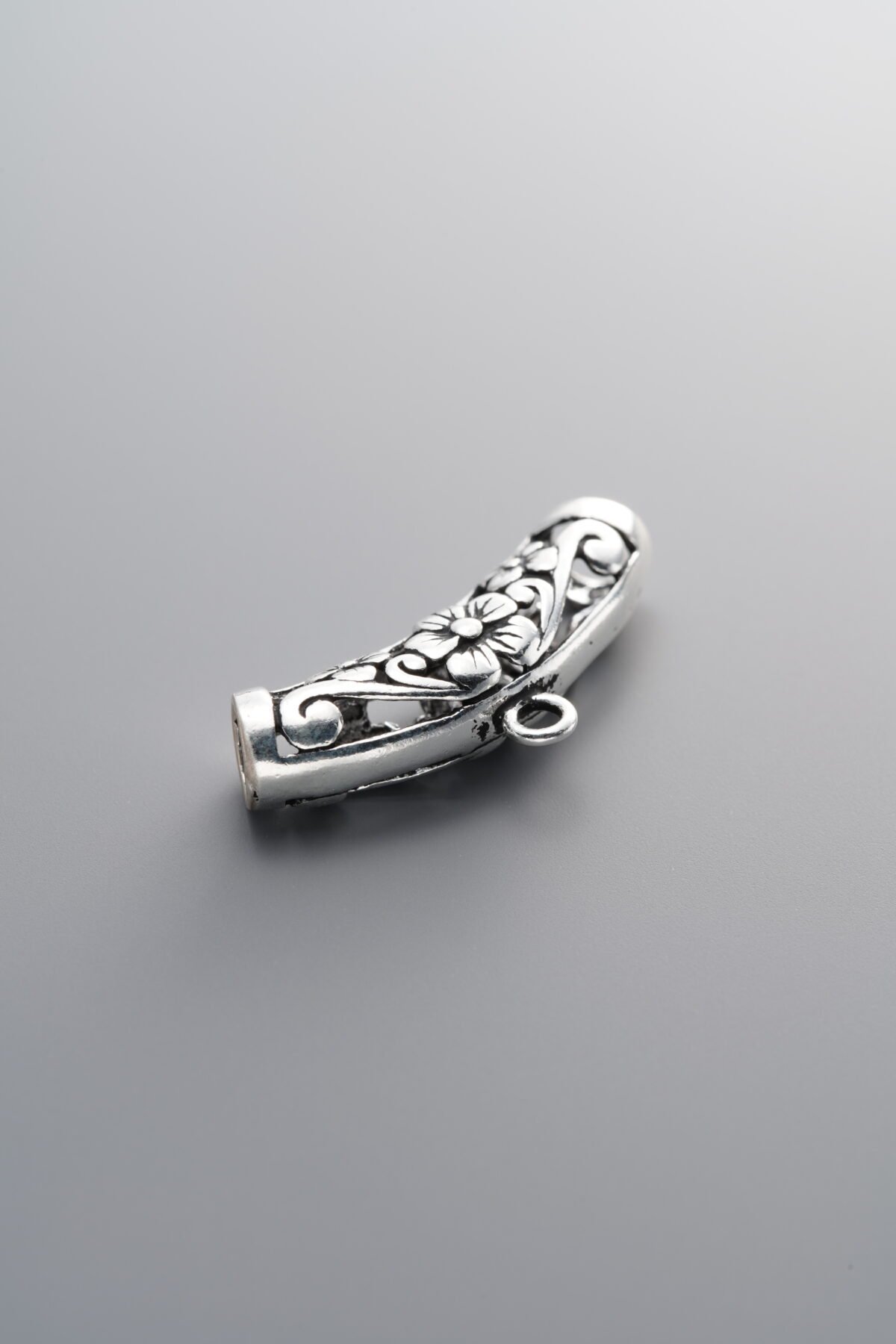 925 Sterling Silver-Antiqued-Plum Blossom Curved Tube Pendant-26mm - Image 2