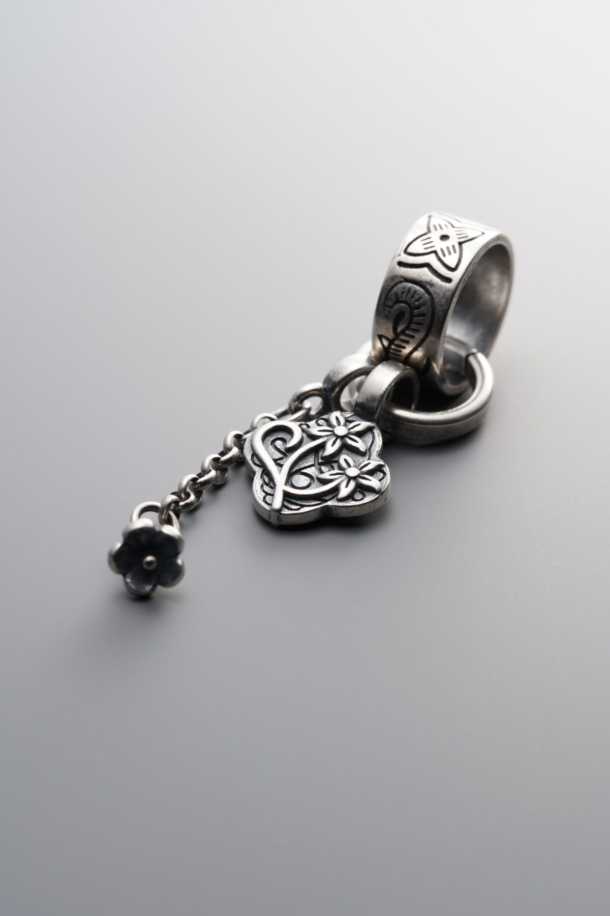 925 Sterling Silver-Antiqued-Circular Ring Flower Pattern Tassel Pendant-52mm - Image 1