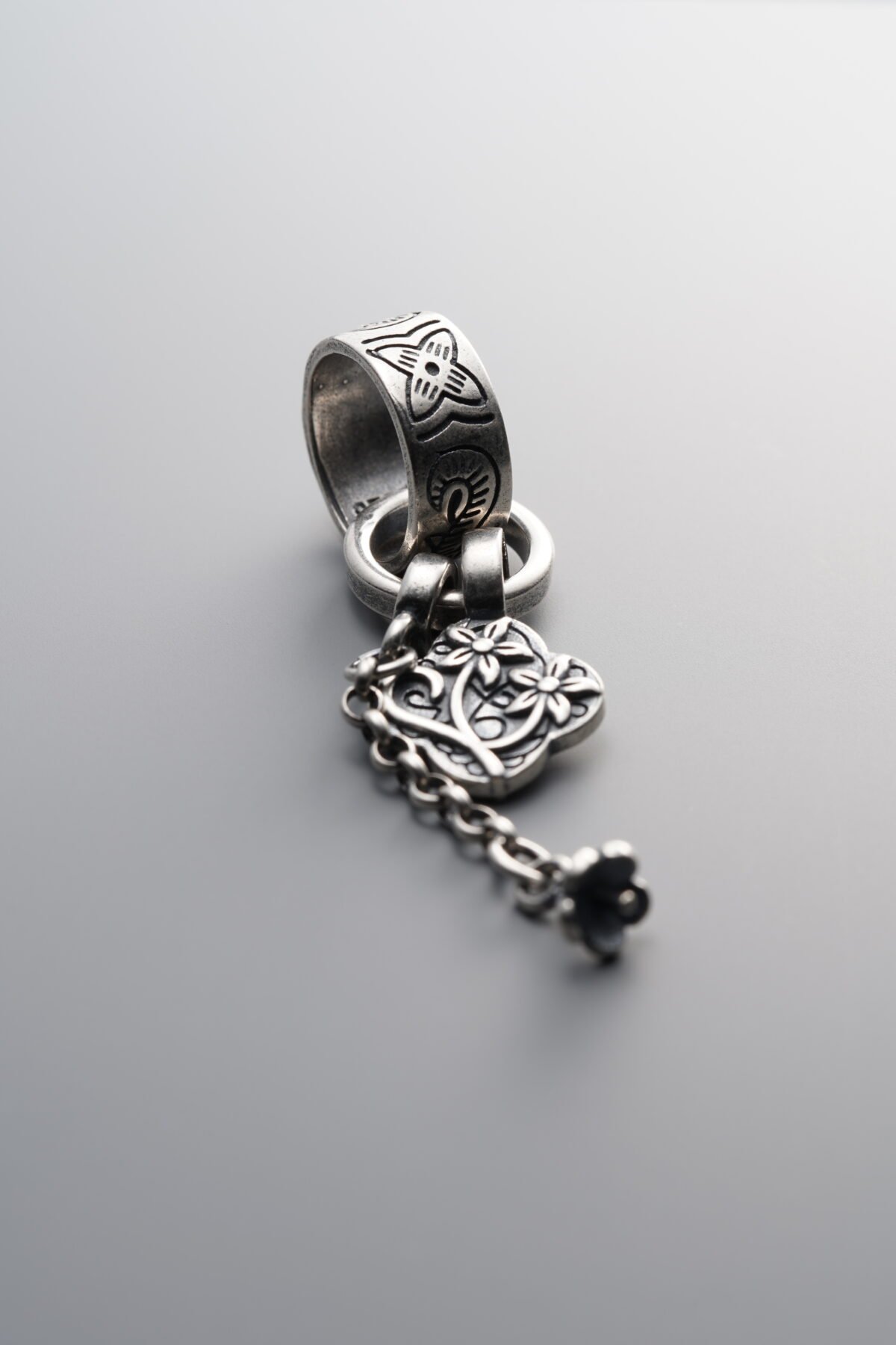 925 Sterling Silver-Antiqued-Circular Ring Flower Pattern Tassel Pendant-52mm - Image 3