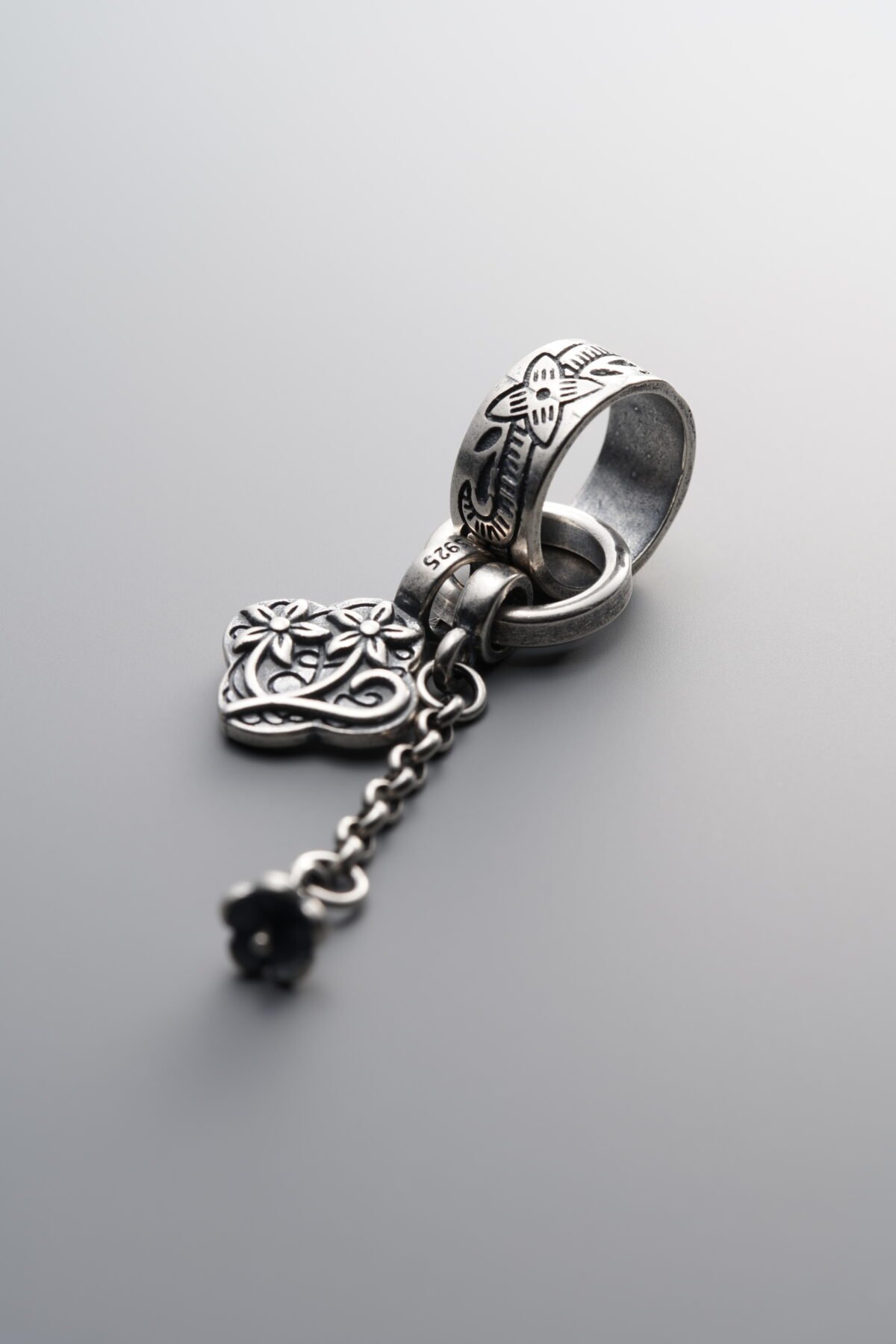 925 Sterling Silver-Antiqued-Circular Ring Flower Pattern Tassel Pendant-52mm - Image 2