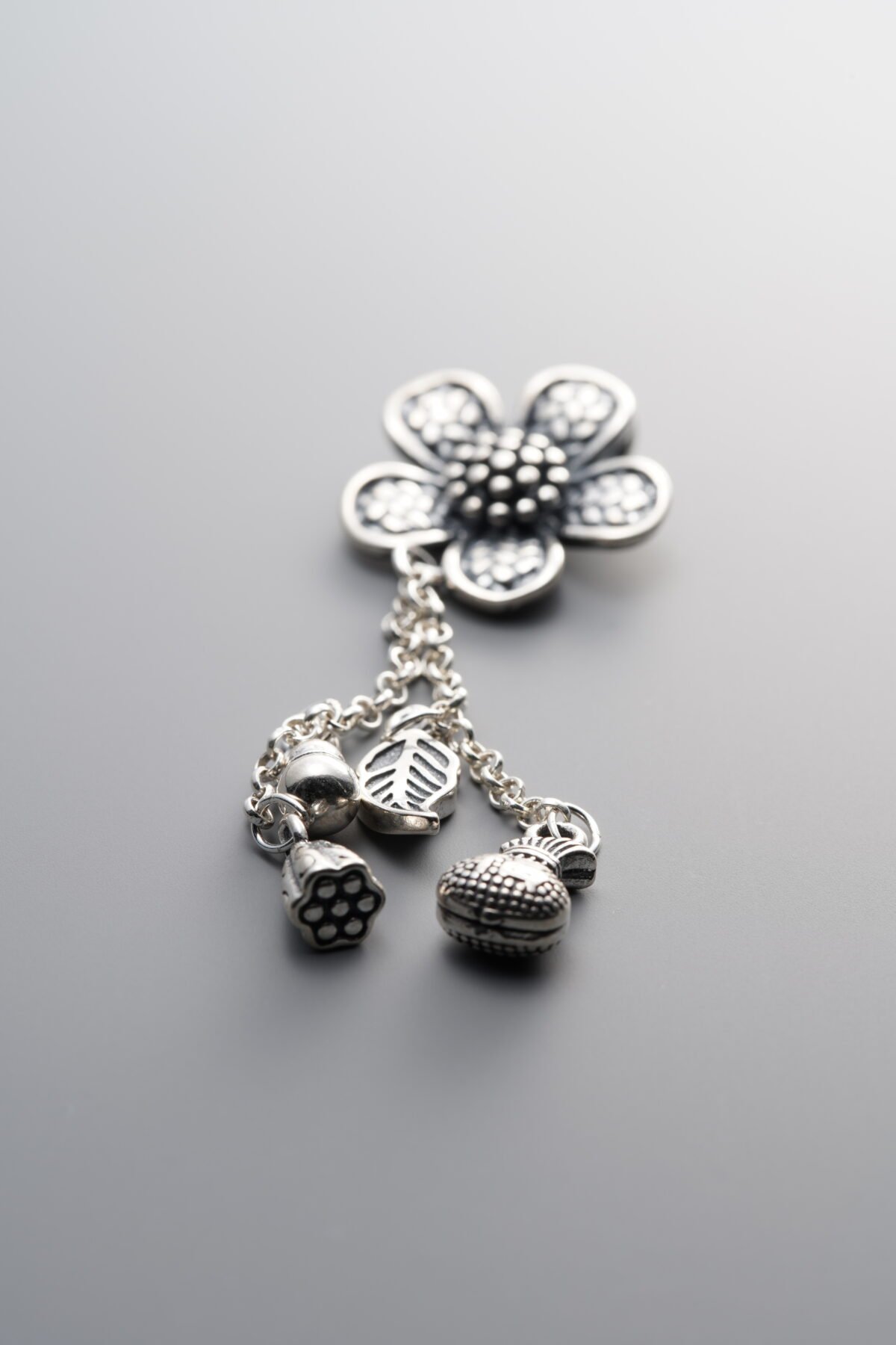 925 Sterling Silver-Antiqued-Fortune Bag Lotus Pod Tassel Pendant-54mm - Image 1