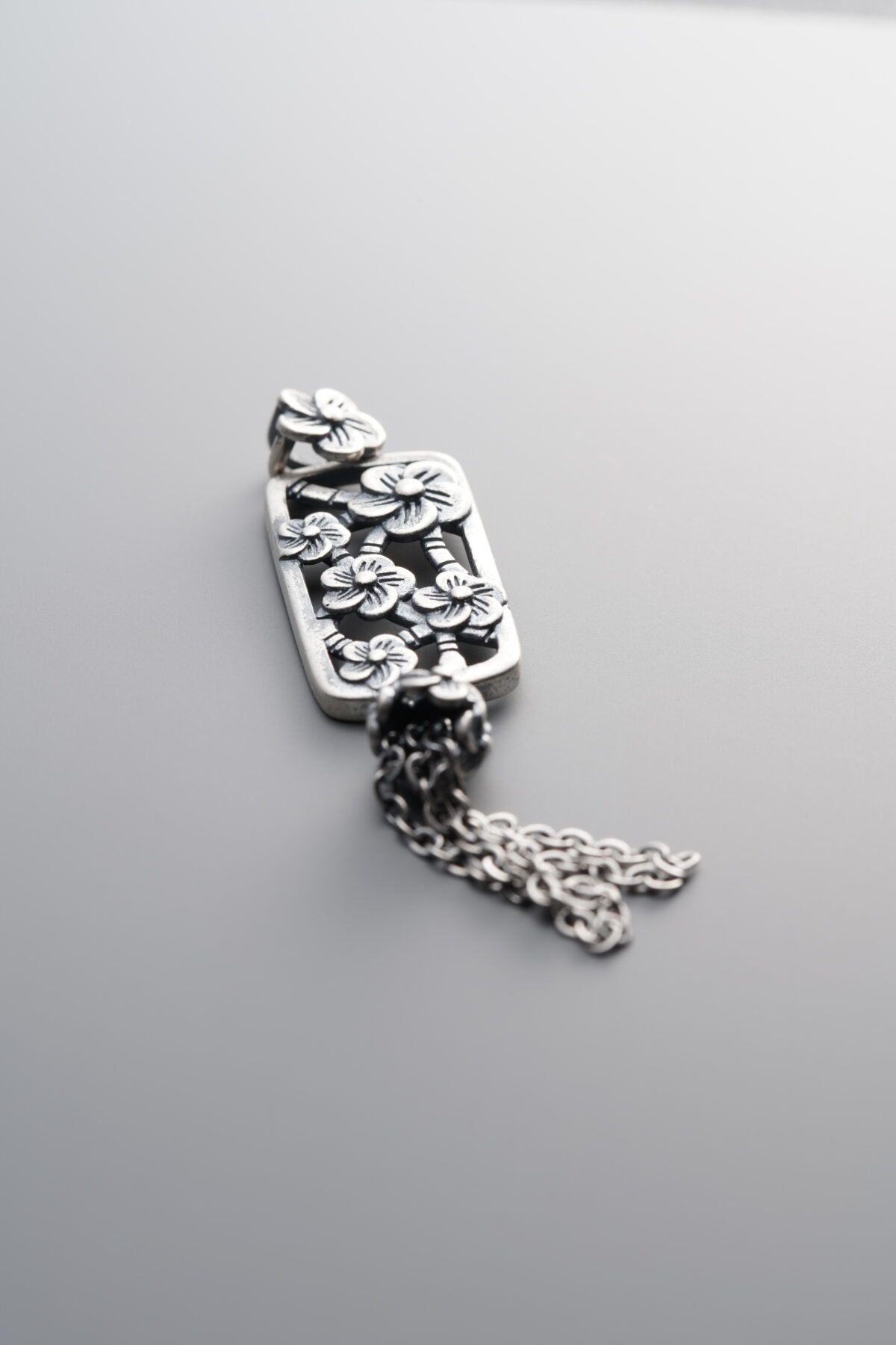 925 Sterling Silver-Antiqued-Openwork Floral Plaque Tassel Pendant-54mm - Image 3