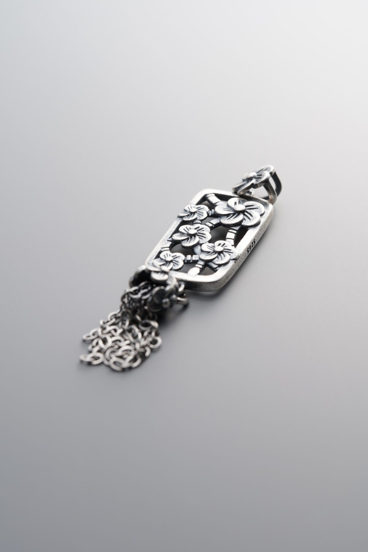 925 Sterling Silver-Antiqued-Openwork Floral Plaque Tassel Pendant-54mm - Image 2