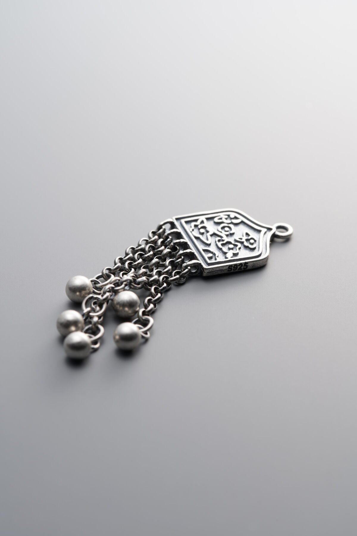 925 Sterling Silver-Antiqued-Dainty Flower Square Plaque Tassel Pendant-45mm - Image 1
