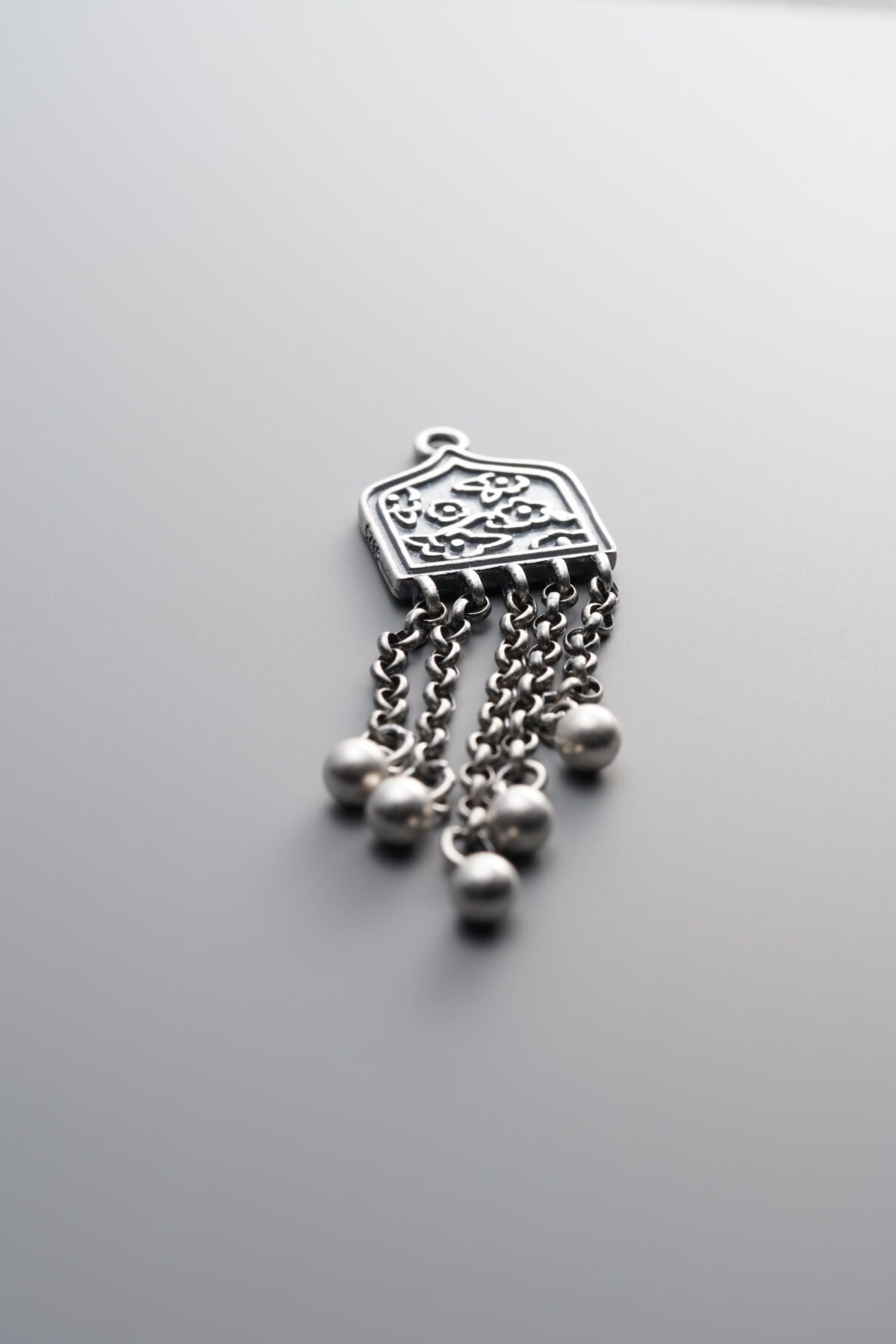 925 Sterling Silver-Antiqued-Dainty Flower Square Plaque Tassel Pendant-45mm - Image 3