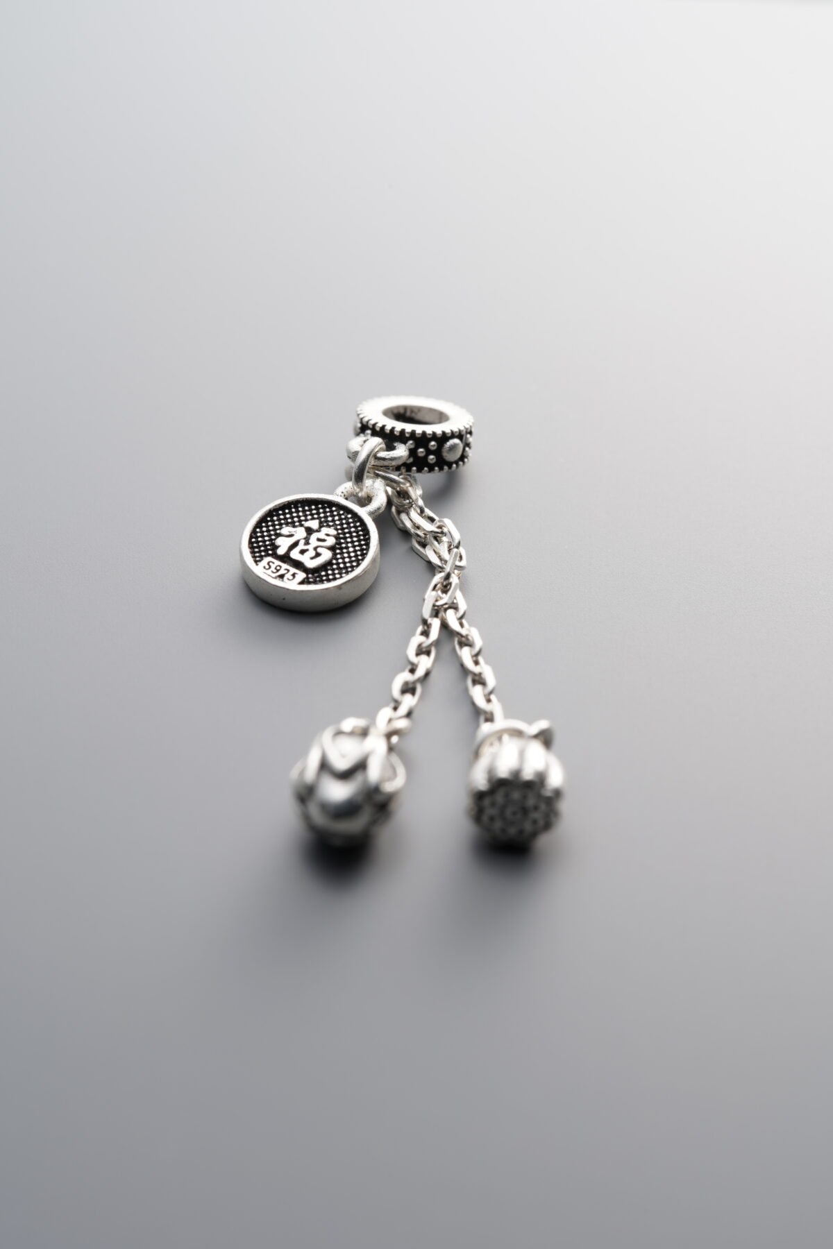 925 Sterling Silver-Antiqued-"Fu" Character Lotus Seed Pod Tassel Pendant-53mm - Image 1