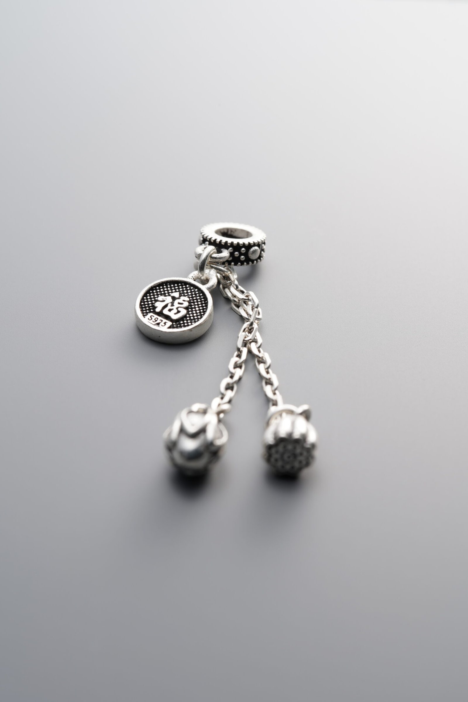 E3-63 (4) 925 Sterling Silver-Antiqued-"Fu" Character Lotus Seed Pod Tassel Pendant-53mm - Image 1