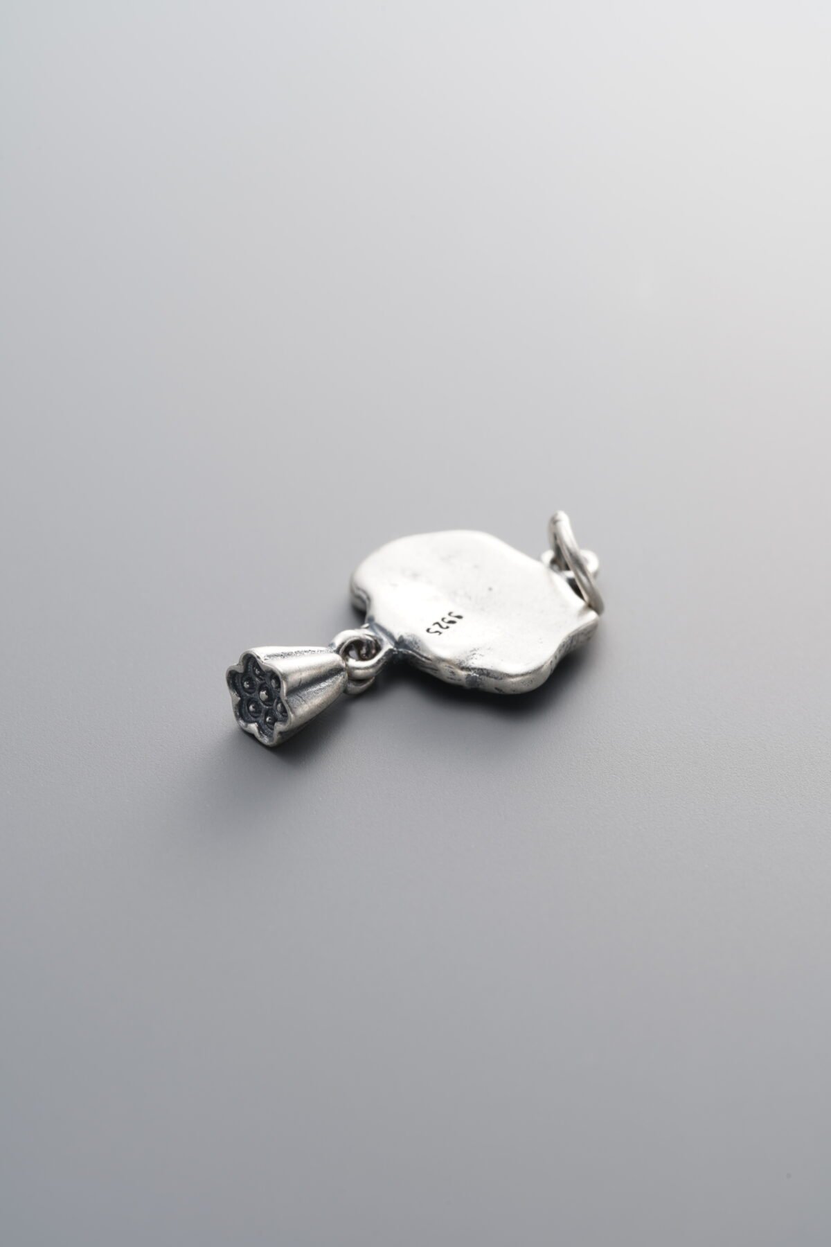 925 Sterling Silver-Antiqued-Lotus Leaf and Lotus Flower Pendant-22mm - Image 2