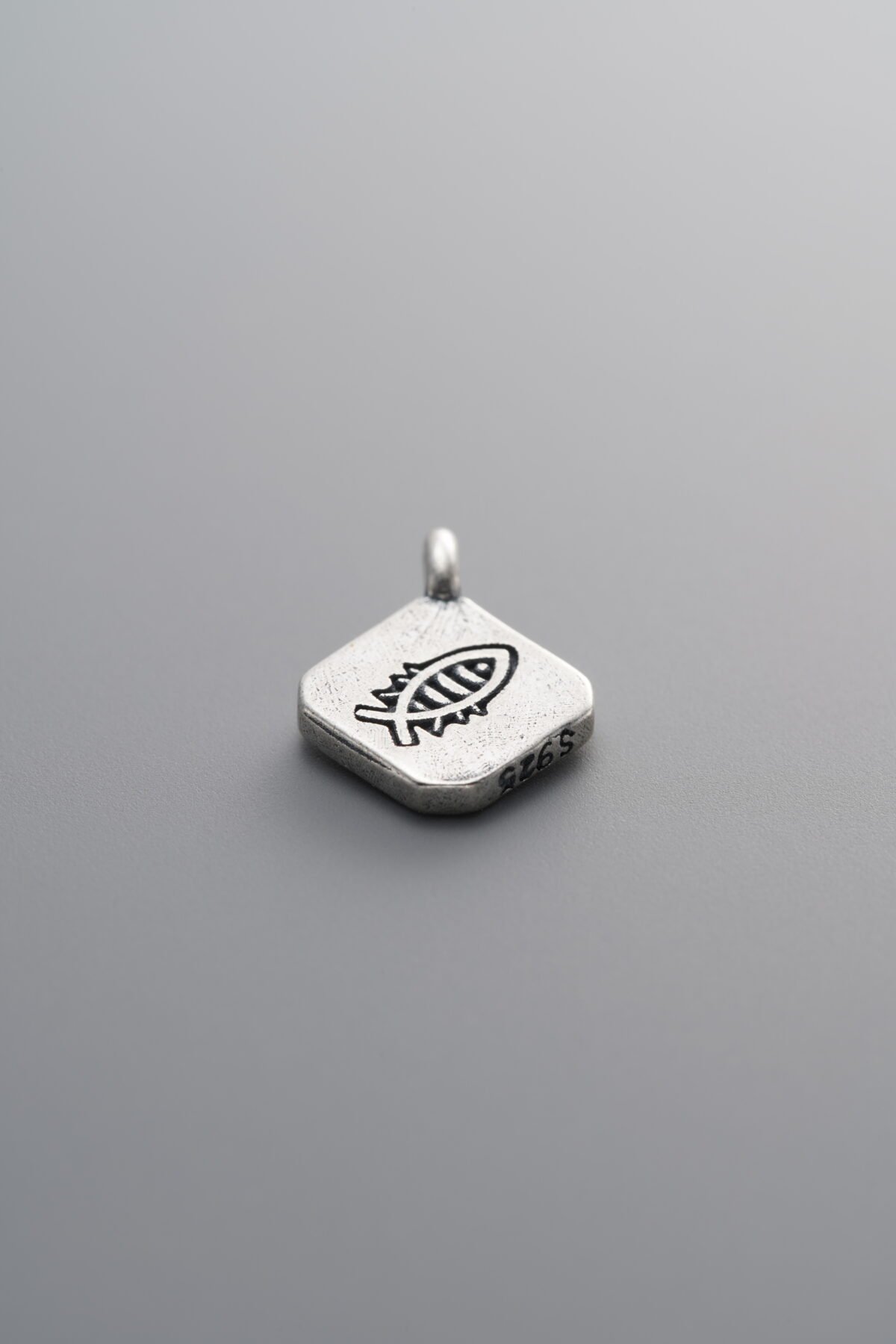 925 Sterling Silver-Antiqued-Fish Square Plaque Pendant-12mm - Image 2
