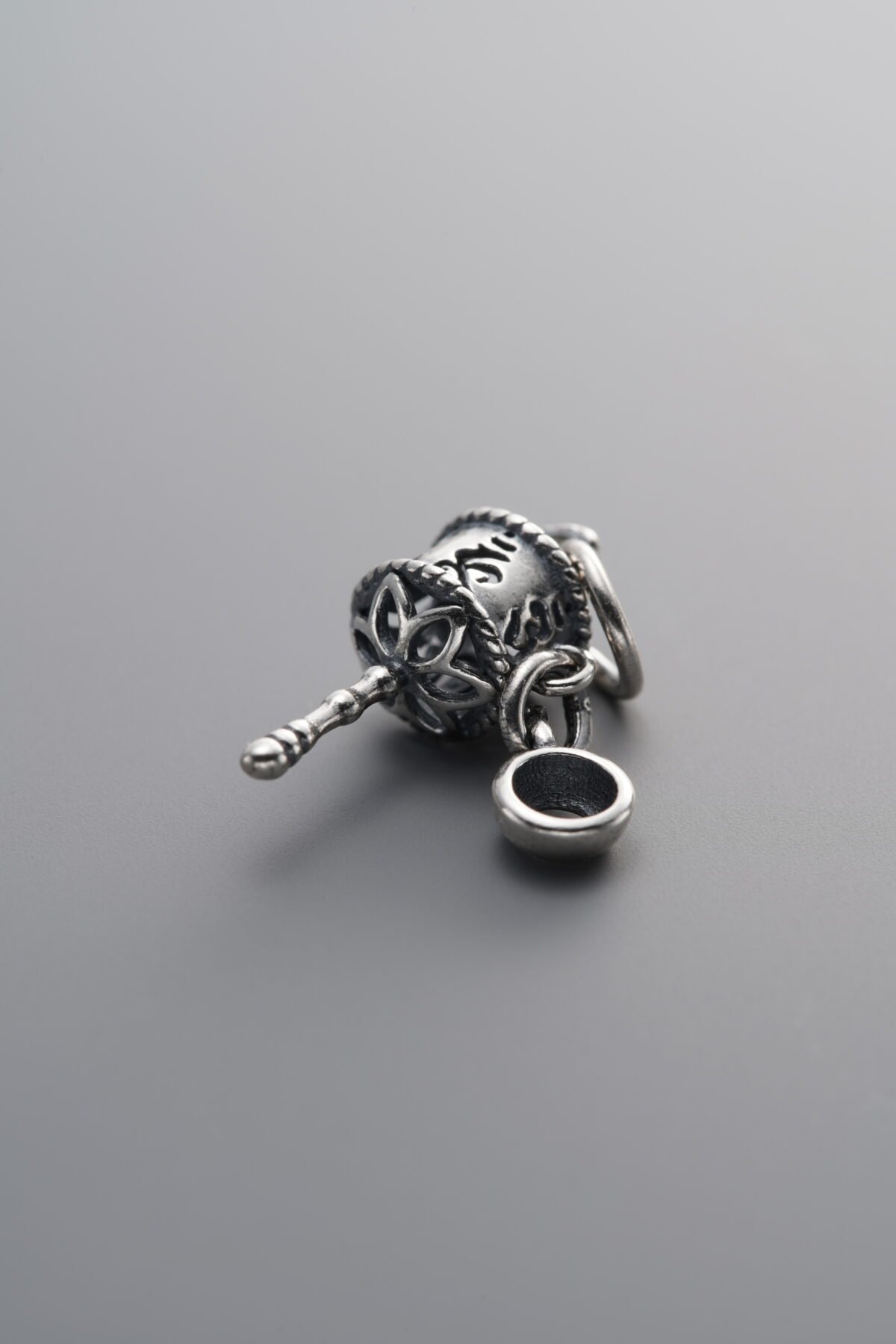 925 Sterling Silver-Antiqued-Om Mani Padme Hum Prayer Wheel Pendant-16mm - Image 1