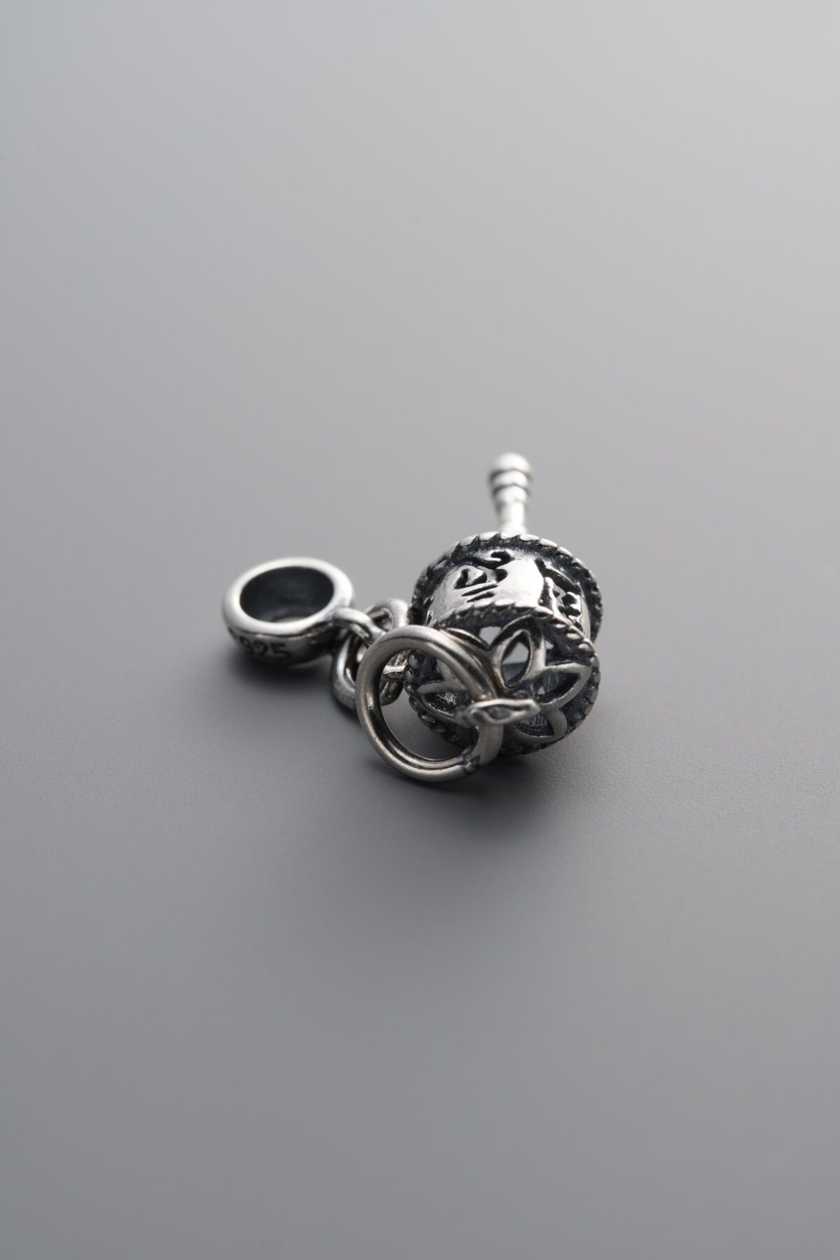 925 Sterling Silver-Antiqued-Om Mani Padme Hum Prayer Wheel Pendant-16mm - Image 2
