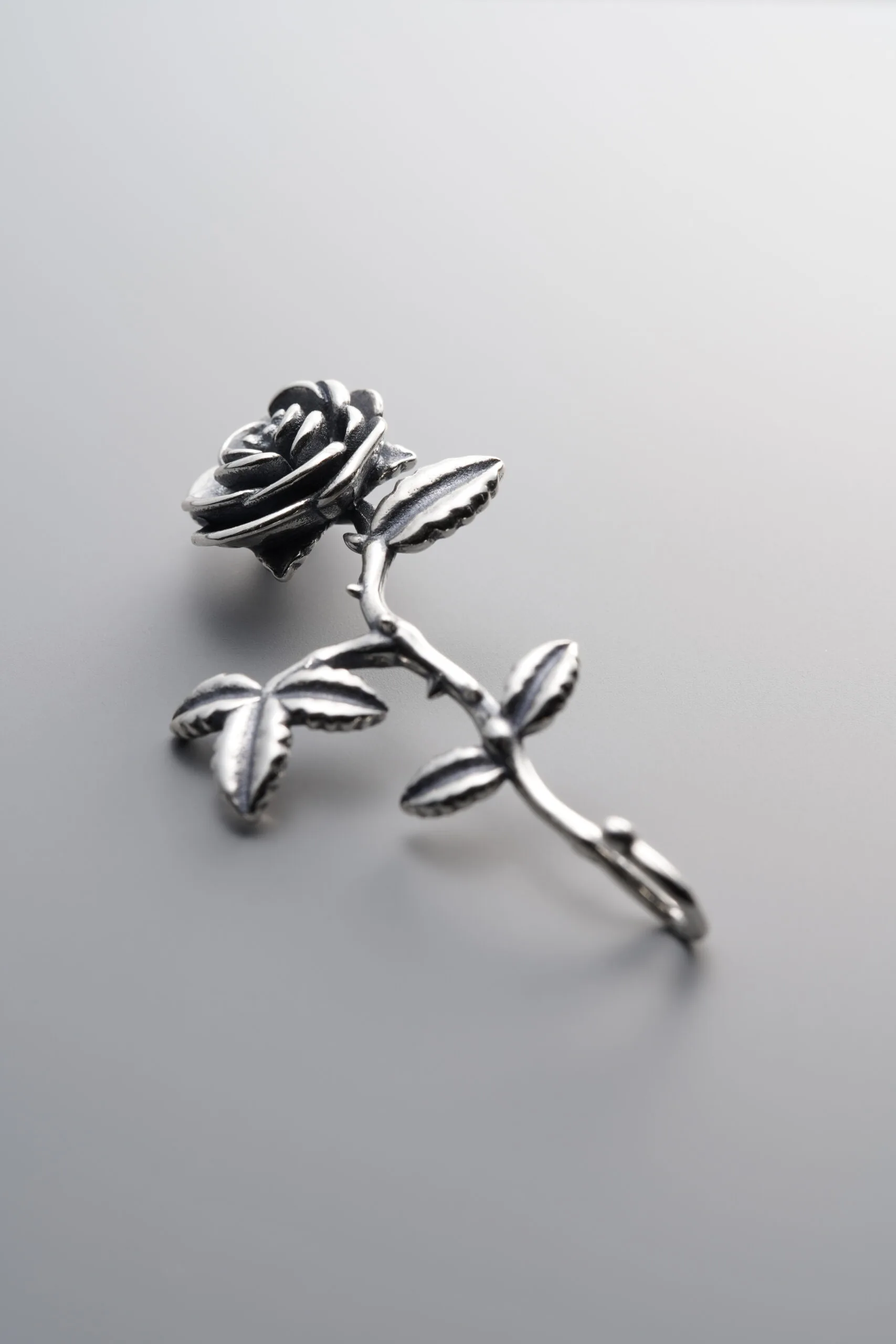 925 Sterling Silver-Antiqued-Rose Flower Half-Bangle Hook-44mm - Image 2