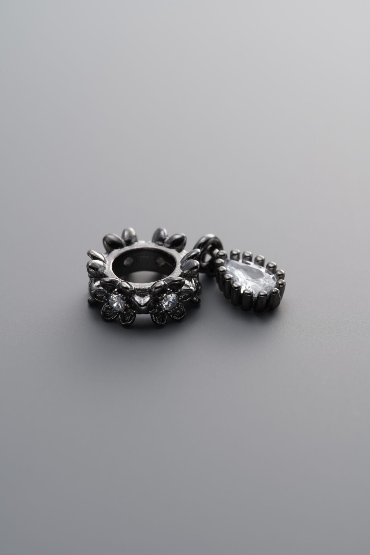 925 Sterling Silver-Black Plated-Zircon Flower Pendant-18mm - Image 2