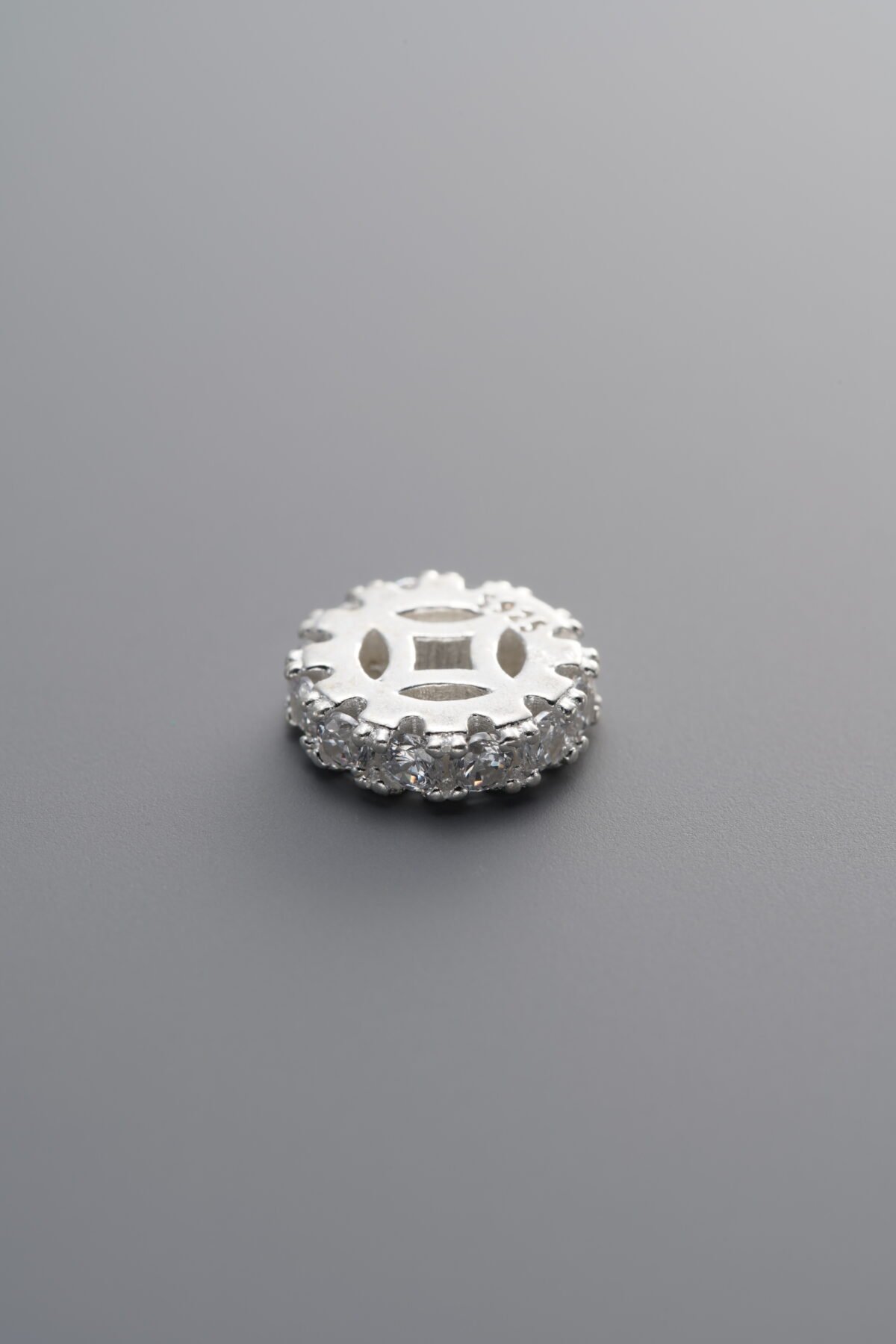 925 Sterling Silver-Bright-Zircon Gear & Coin Spacer Bead-9mm - Image 1