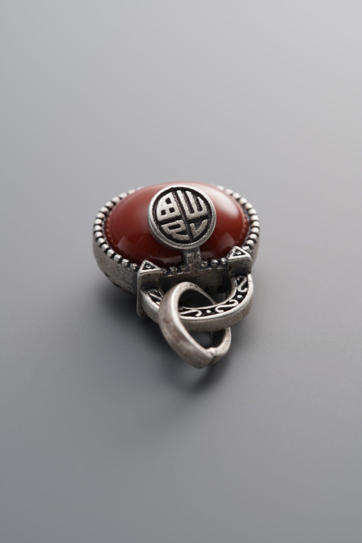925 Sterling Silver-Antiqued-Agate Fu Character Pendant-15mm - Image 1