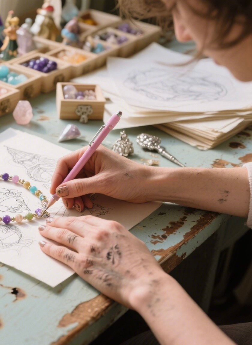 Global designer community workspace with natural stone beads, silver jewelry findings, and design sketches, inviting creators to join and earn from their handmade jewelry designs