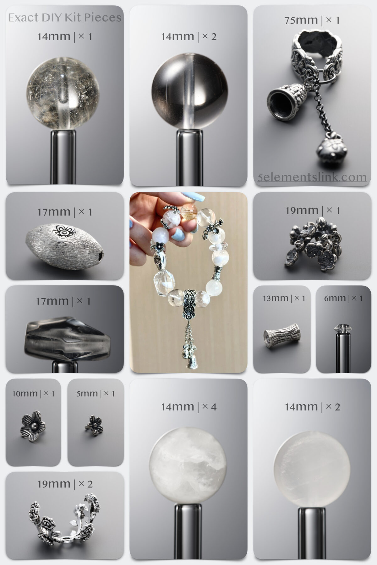 Natural Snow Phantom & Rutilated Quartz 925 Antiqued Sterling Silver DIY Bracelet Kit - Image 1