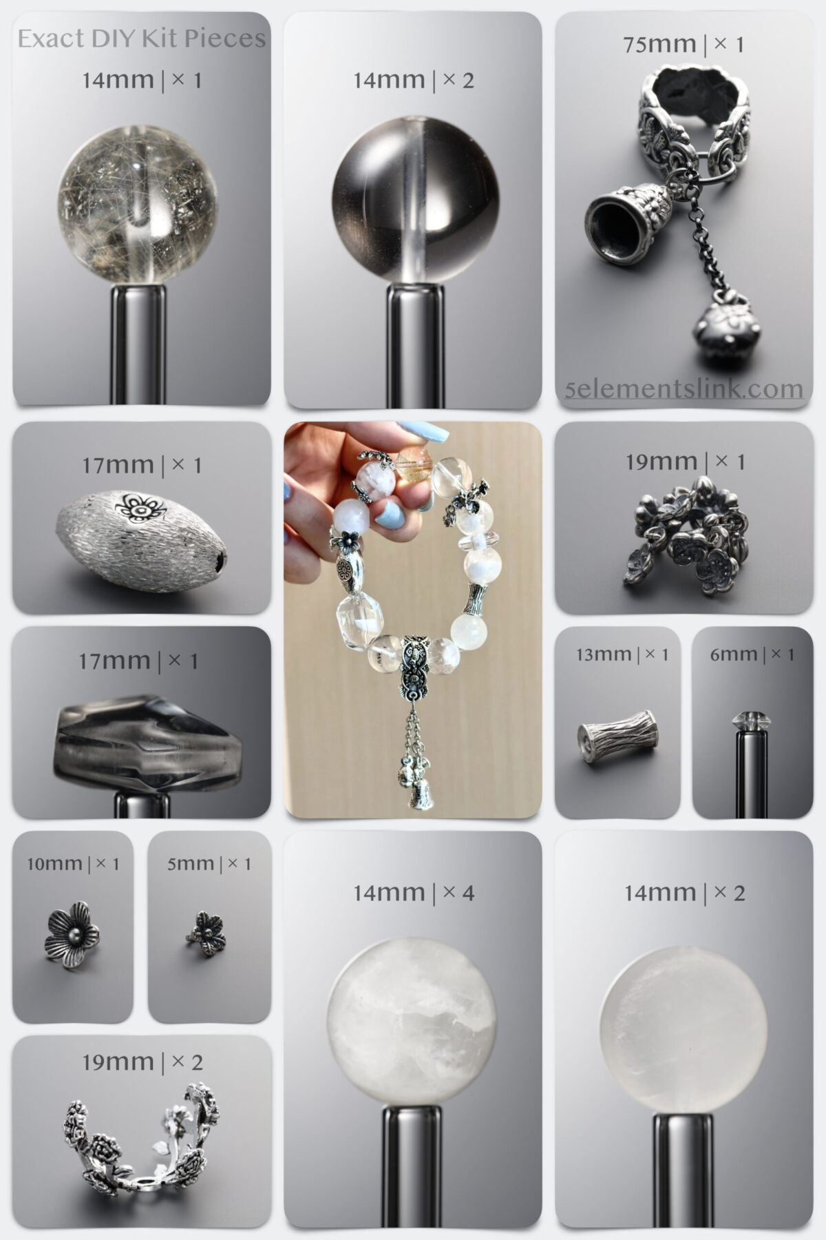 Natural Snow Phantom & Rutilated Quartz 925 Antiqued Sterling Silver DIY Gemstone Bead Bracelet Kit - Image 2