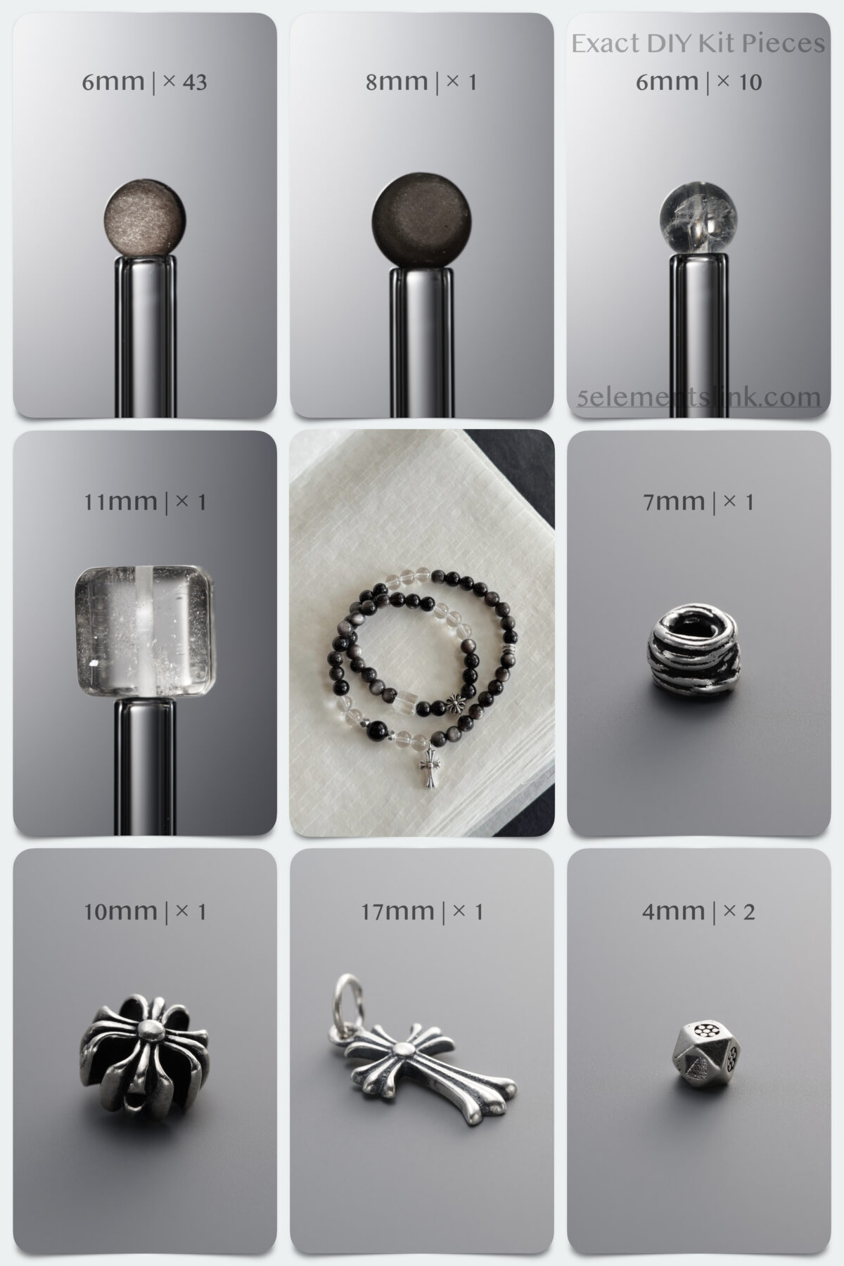 Natural Silver Obsidian & Clear Quartz 925 Antiqued Sterling Silver Double DIY Bracelet Kit - Image 1