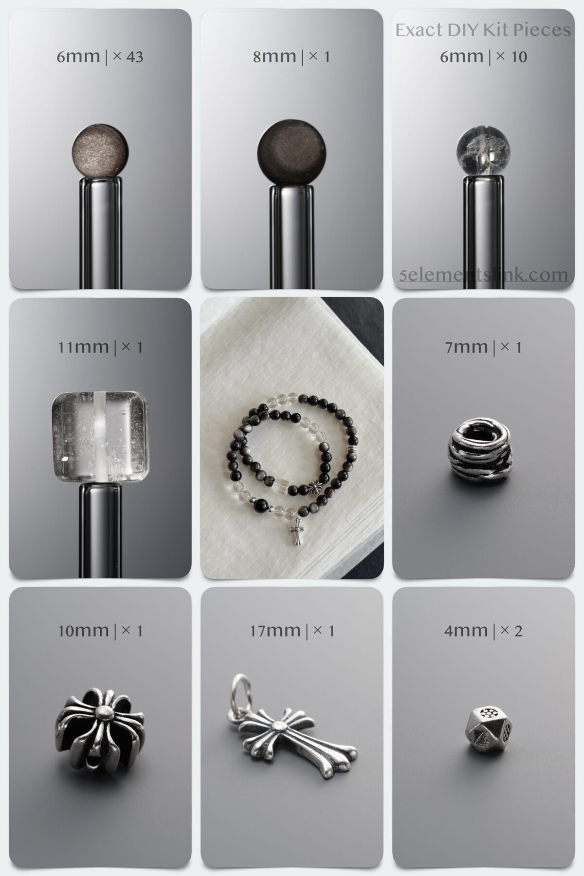 Natural Silver Obsidian & Clear Quartz 925 Antiqued Sterling Silver Double DIY Gemstone Bead Bracelet Kit - Image 2