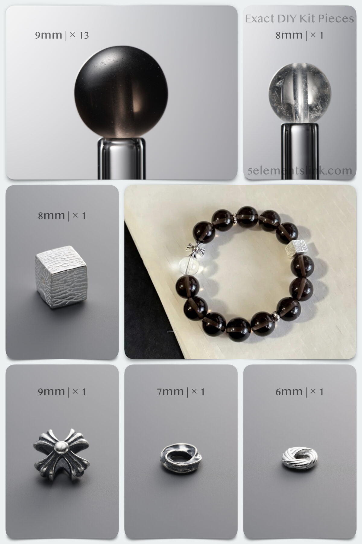 Natural Ice Obsidian & Clear Quartz 925 Antiqued Sterling Silver DIY Bracelet Kit - Image 1