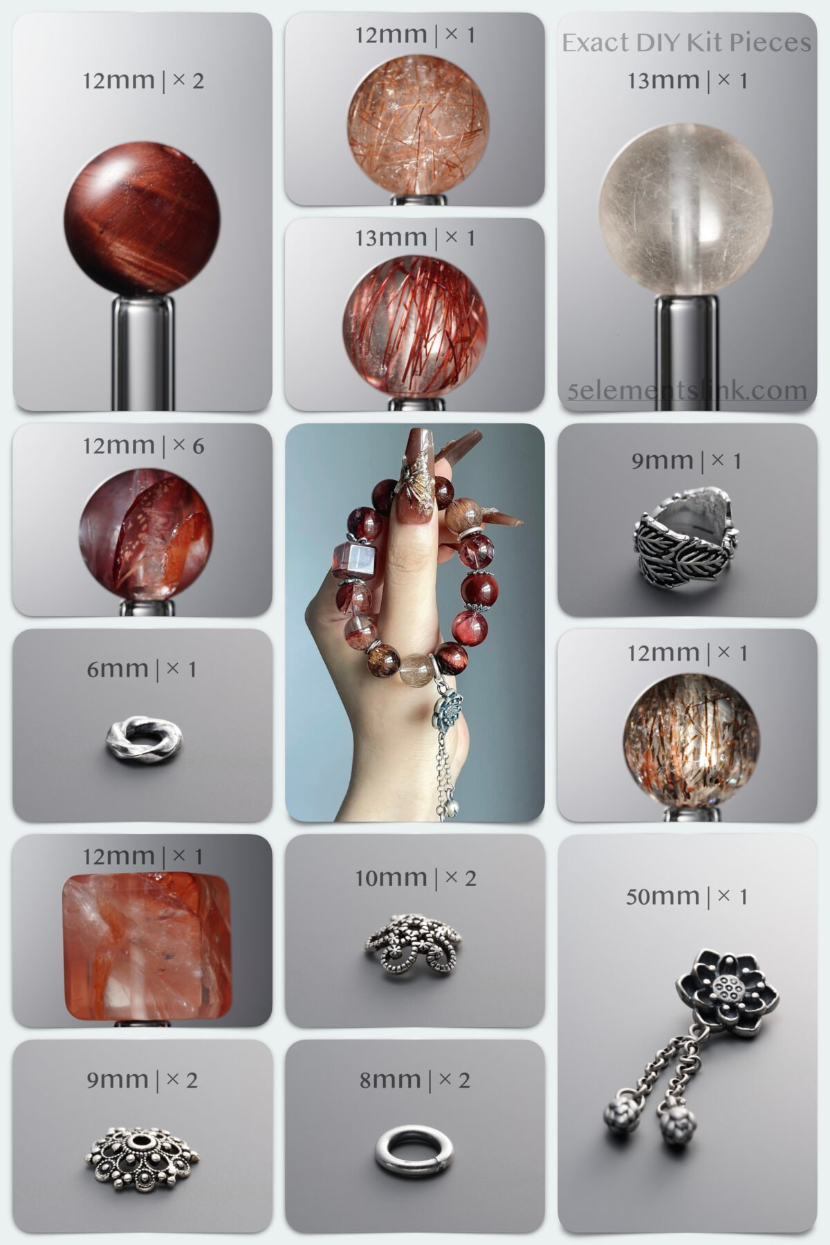 Natural Red Tiger’s Eye & Hematite Quartz Mixed Crystal DIY Bracelet Kit - Image 1