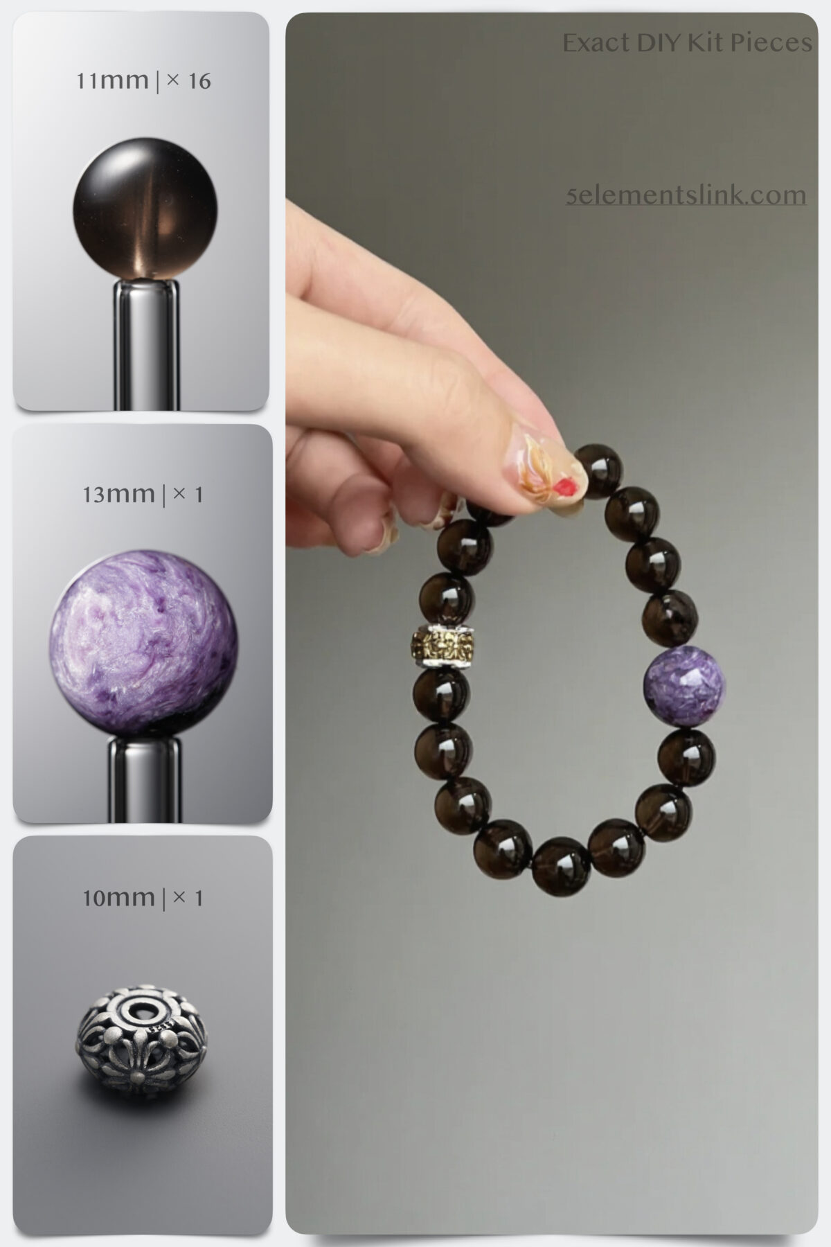 Natural Smoky Quartz & Charoite 925 Sterling Silver DIY Bracelet Kit - Image 1