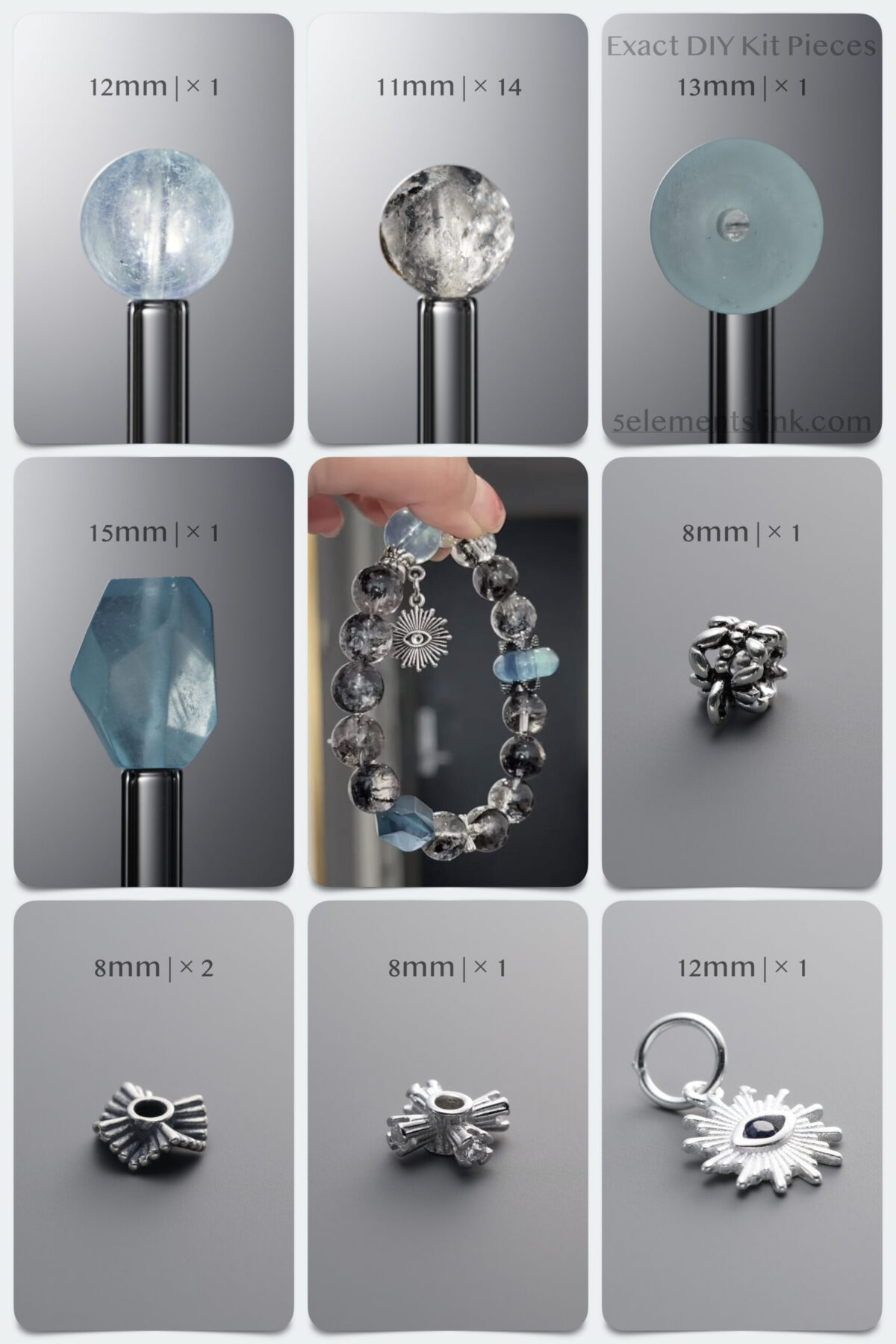 Natural Herkimer Diamond & Aquamarine 925 Sterling Silver DIY Gemstone Bead Bracelet Kit - Image 2