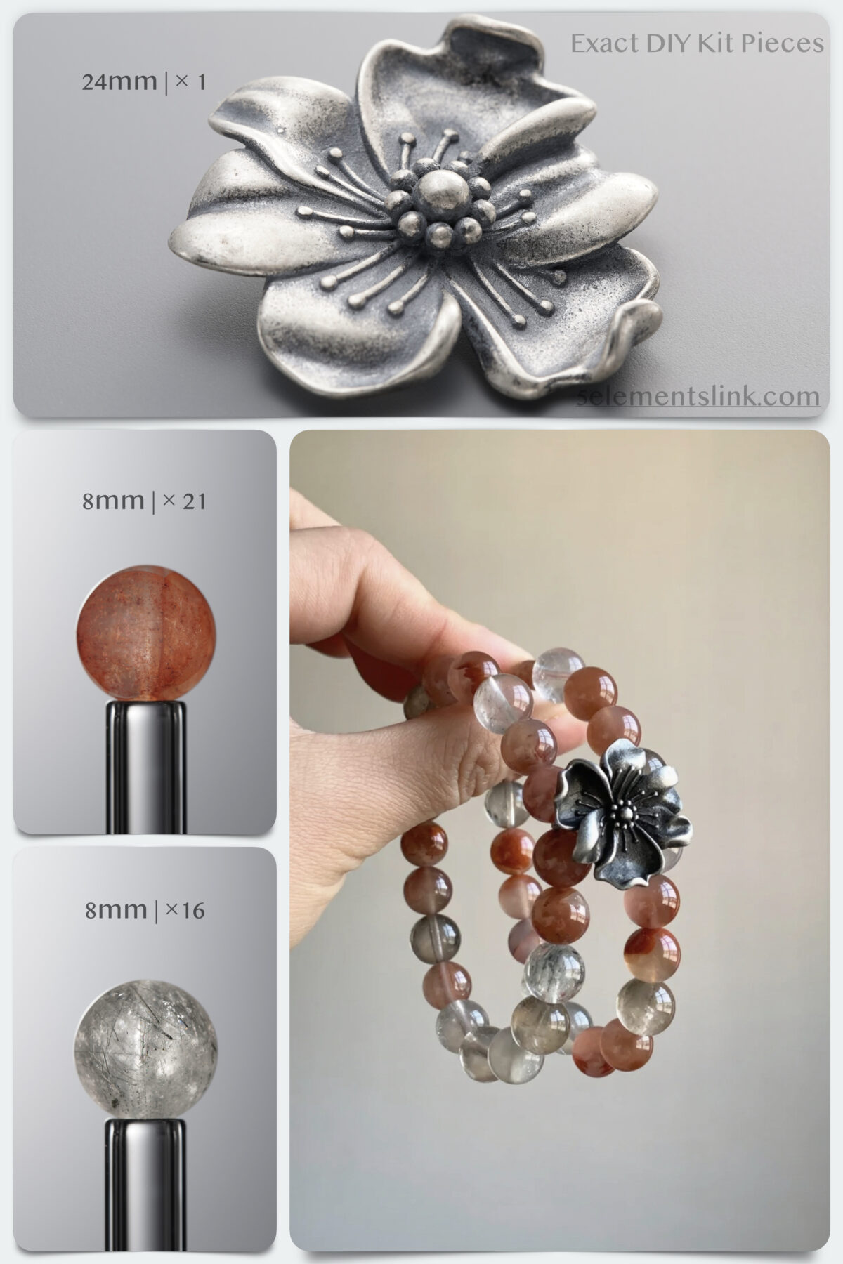 Natural Red Phantom Quartz & Gray Rabbit Hair Neo-Chinese DIY Bracelet Kit - Image 1