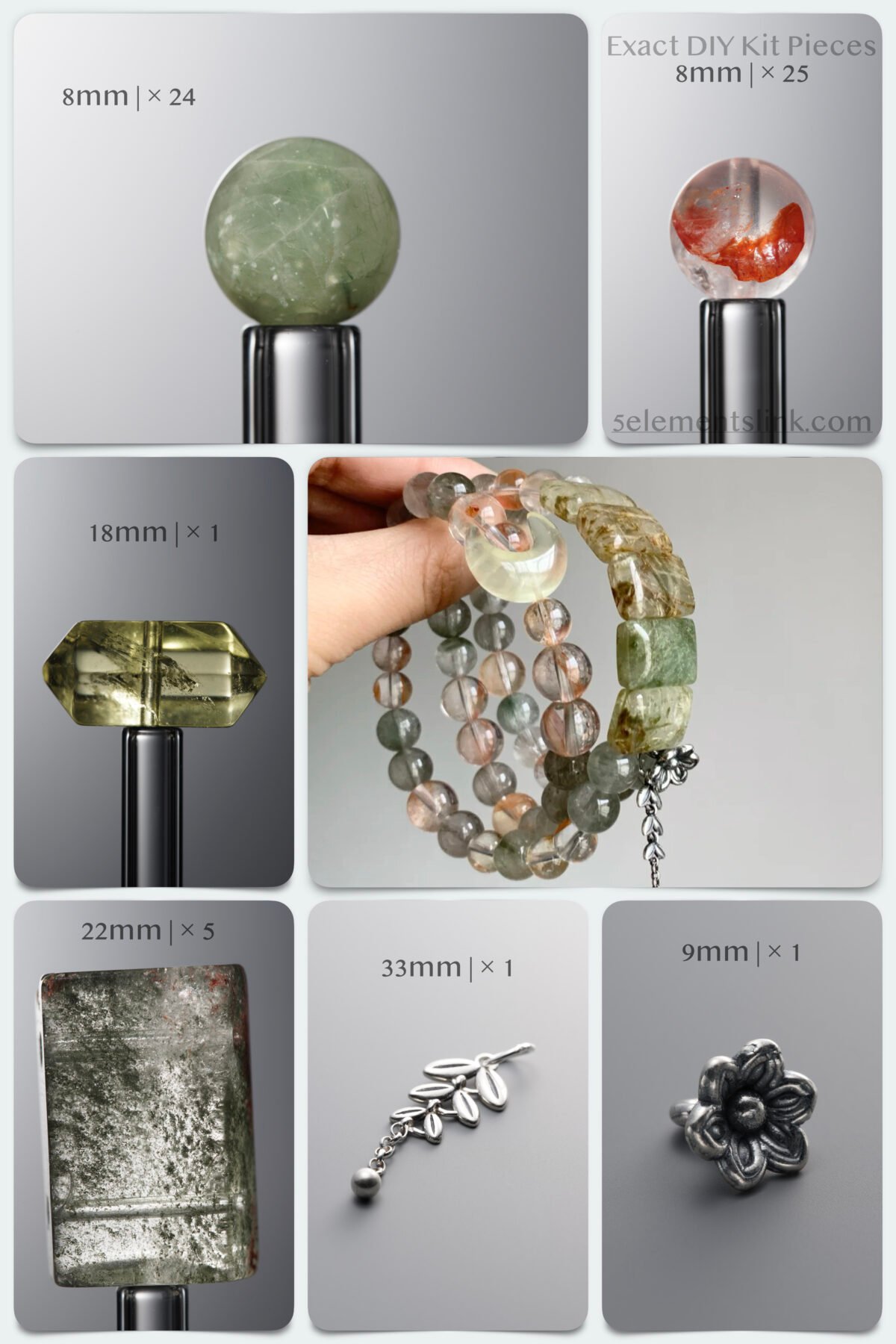 Natural Green Rabbit Hair & Enhydro Quartz Neo-Chinese DIY Bracelet Kit - Image 1