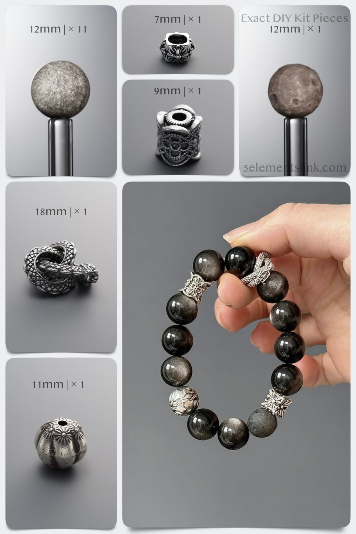 Natural Meteorite & Silver Obsidian Dark Protection DIY Bracelet Kit - Image 1