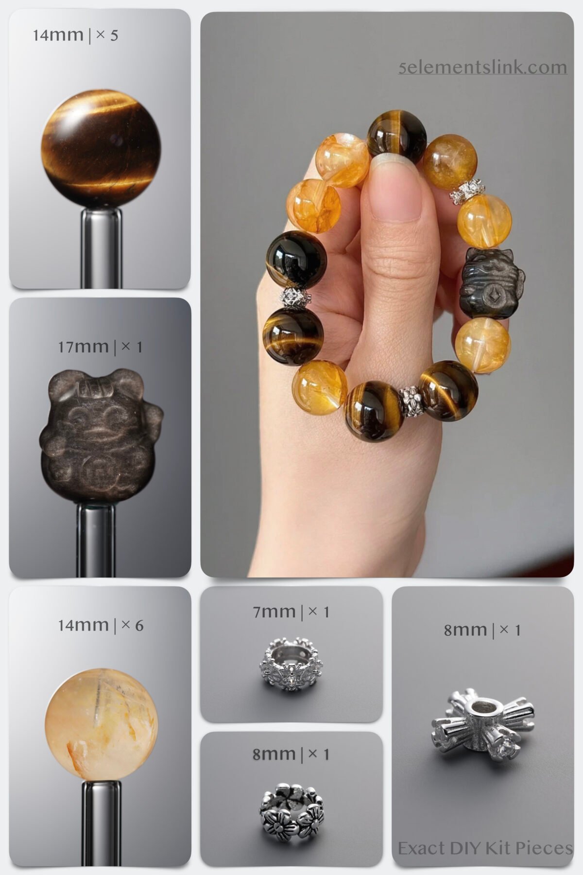 Natural Yellow Tiger's Eye & Silver Obsidian Maneki Neko DIY Bracelet Kit - Image 1