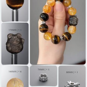 Natural Yellow Tiger's Eye & Silver Obsidian Maneki Neko DIY Bracelet Kit