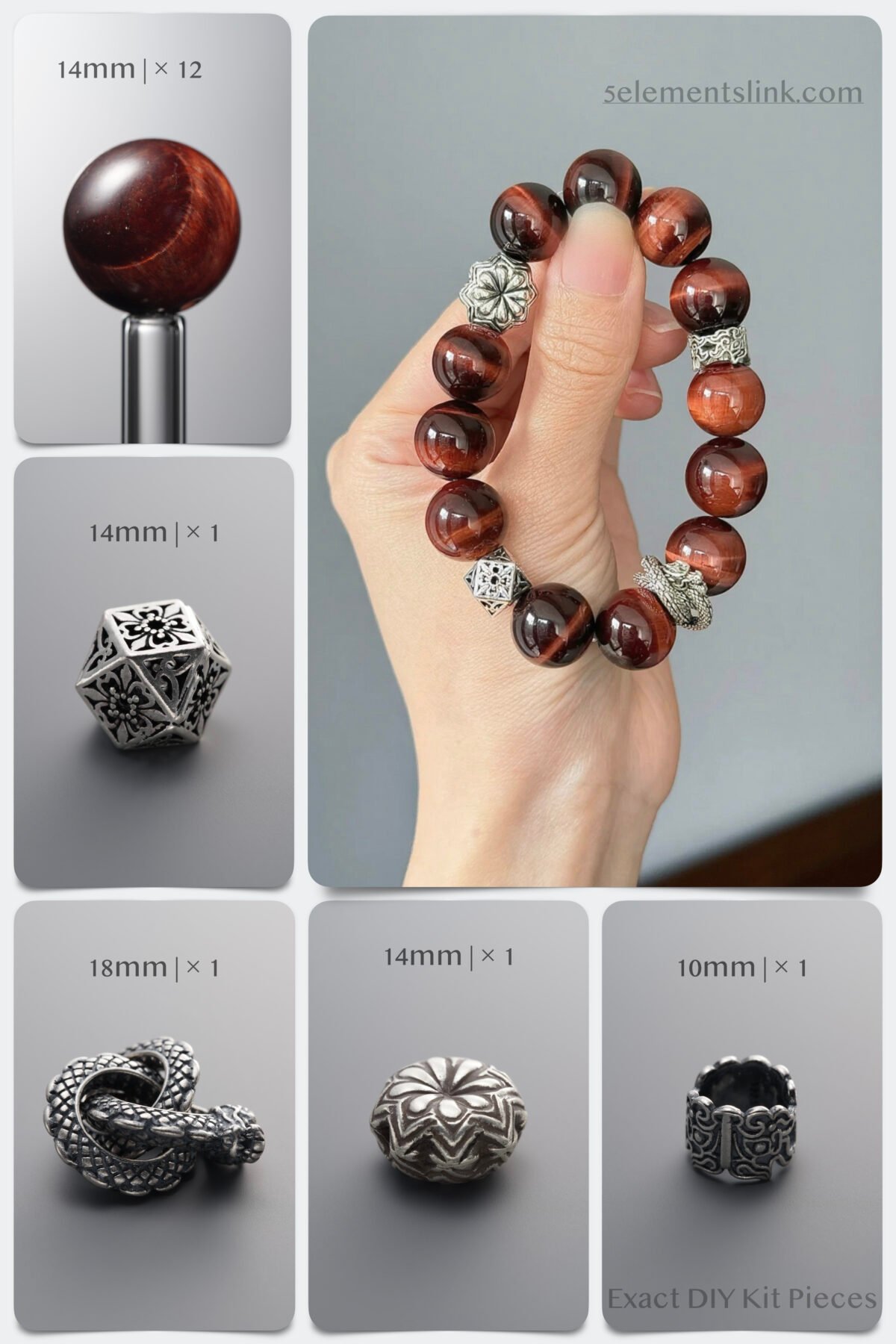 Natural Red Tiger's Eye & Silver Dragon Fate Blasting DIY Bracelet Kit - Image 1