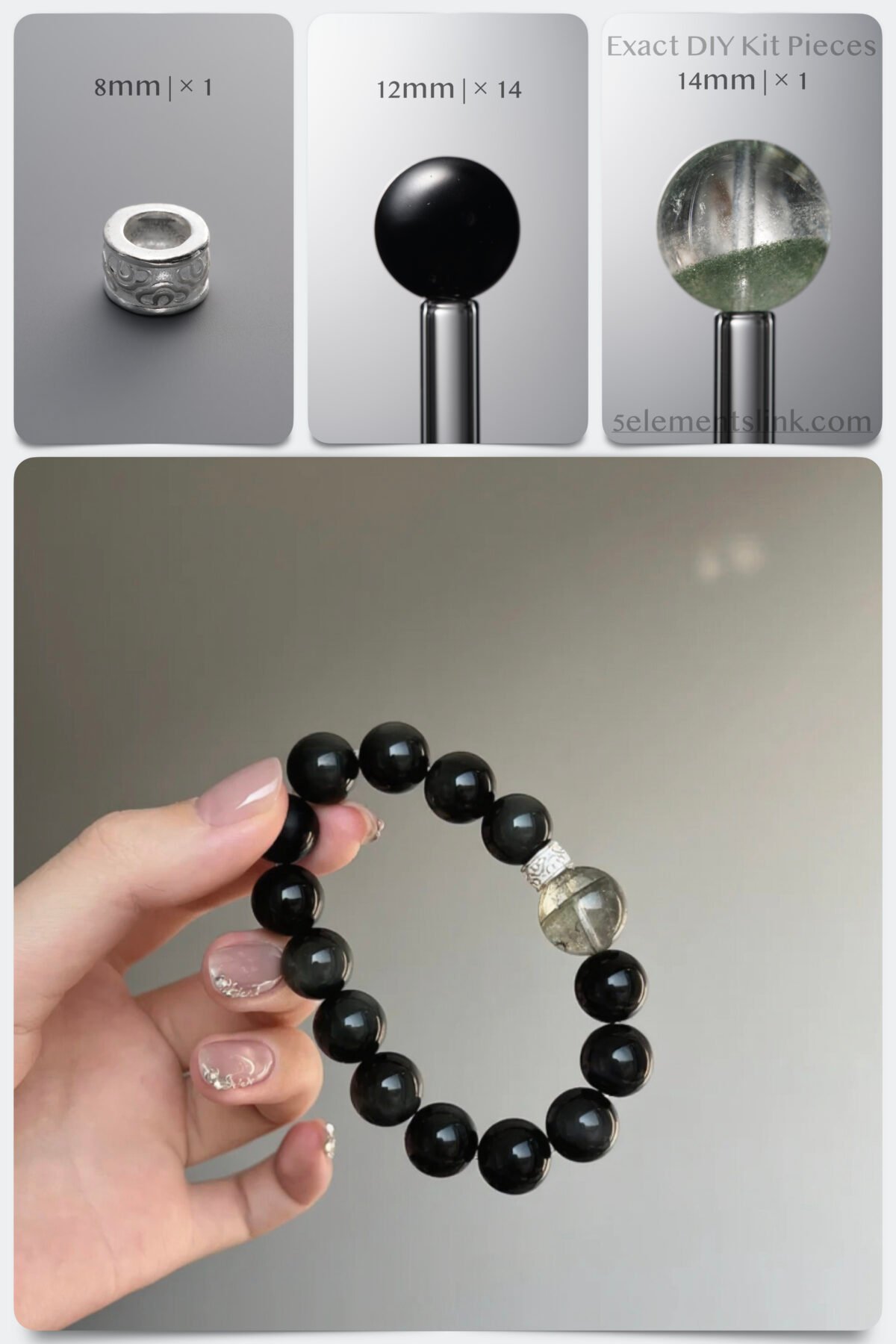 185BK.061 Natural Black Obsidian & Green Phantom Quartz Purification DIY Bracelet Kit - Image 1