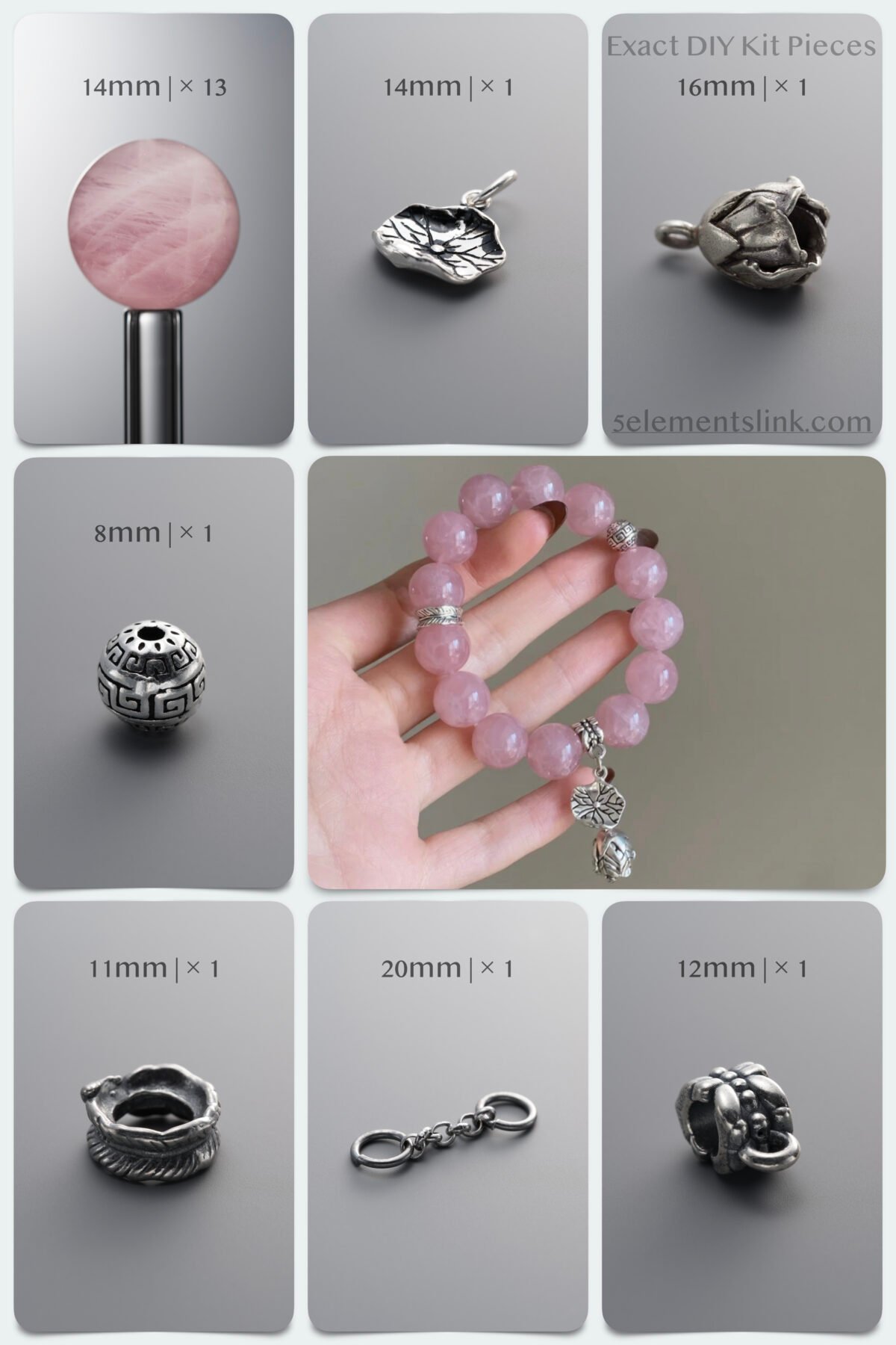 Natural 14mm Madagascar Rose Quartz & Botanical Silver Passion DIY Bracelet Kit - Image 1