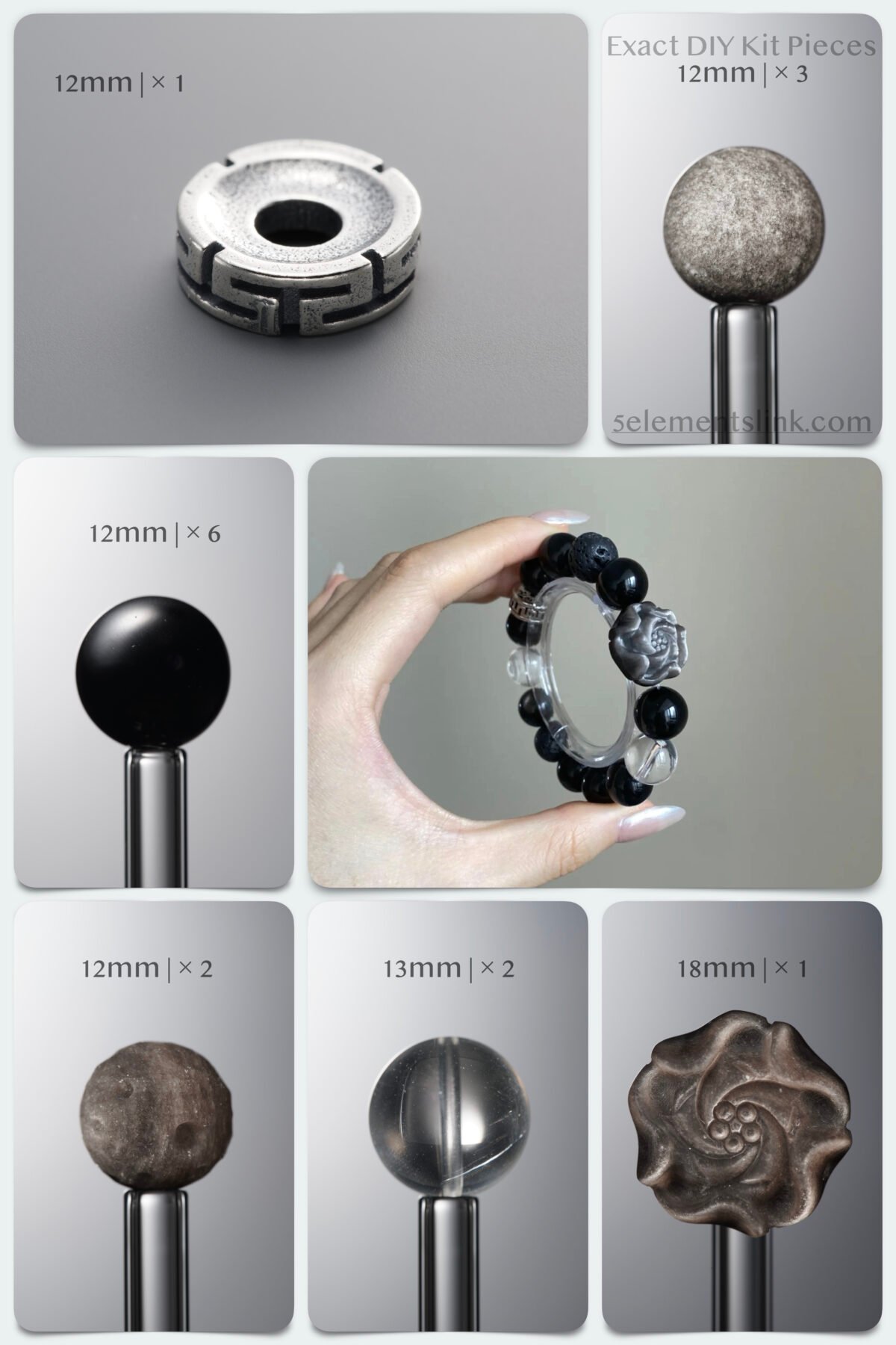 Natural Obsidian & Clear Quartz Midnight Peony Empowerment DIY Bracelet Kit - Image 1