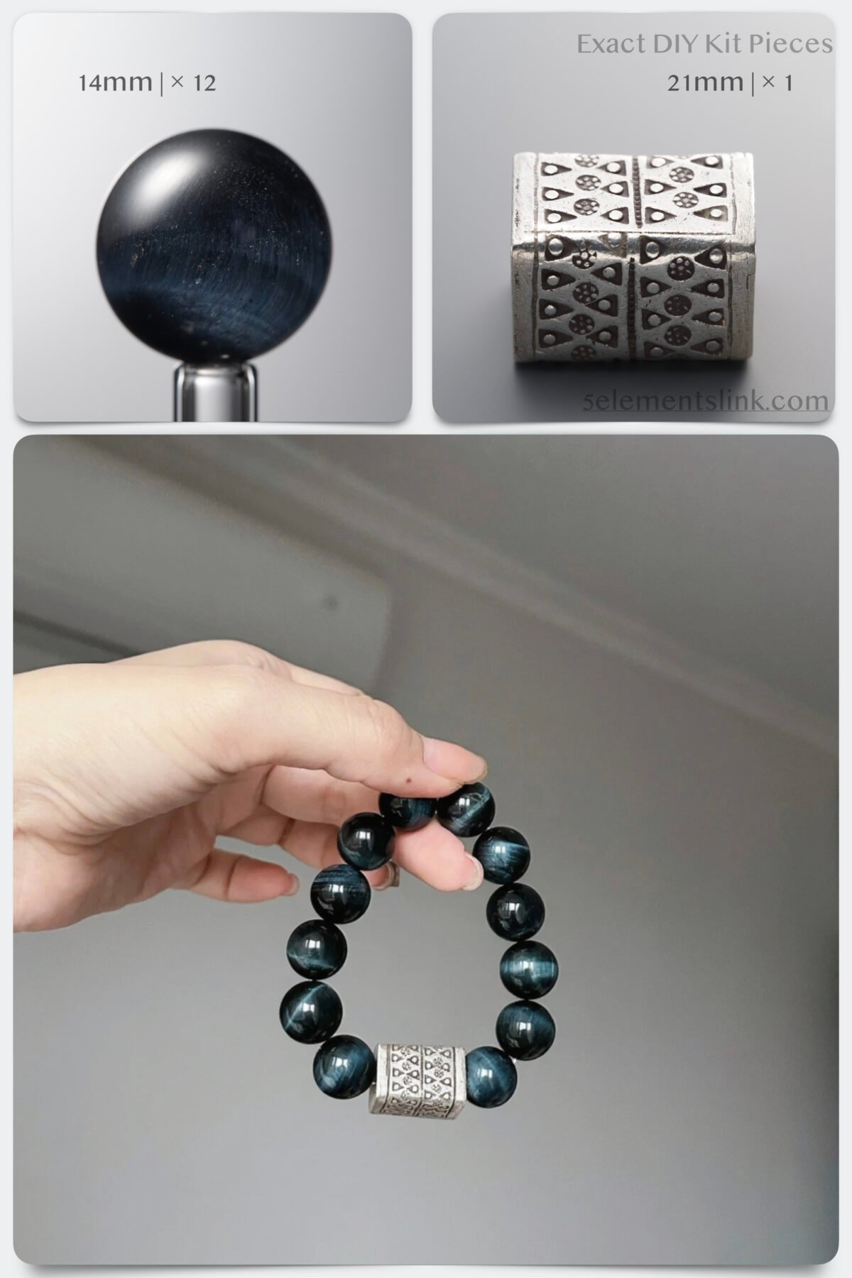 Natural 14mm Lightning Blue Tiger's Eye & Silver Monolith Power DIY Bracelet Kit - Image 1