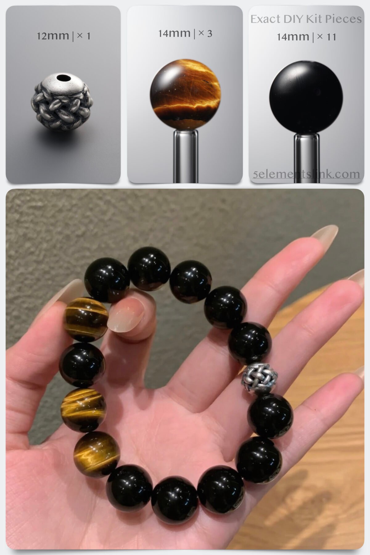 185BK.091 Natural Black Obsidian & Yellow Tiger’s Eye Courage DIY Bracelet Kit - Image 1