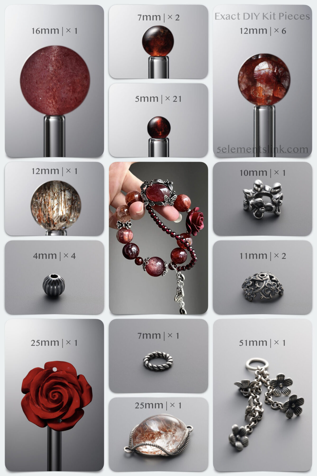 Natural Cinnabar Rose, Garnet & Cherry Strawberry Quartz DIY Gemstone Bead Bracelet Kit - Image 2